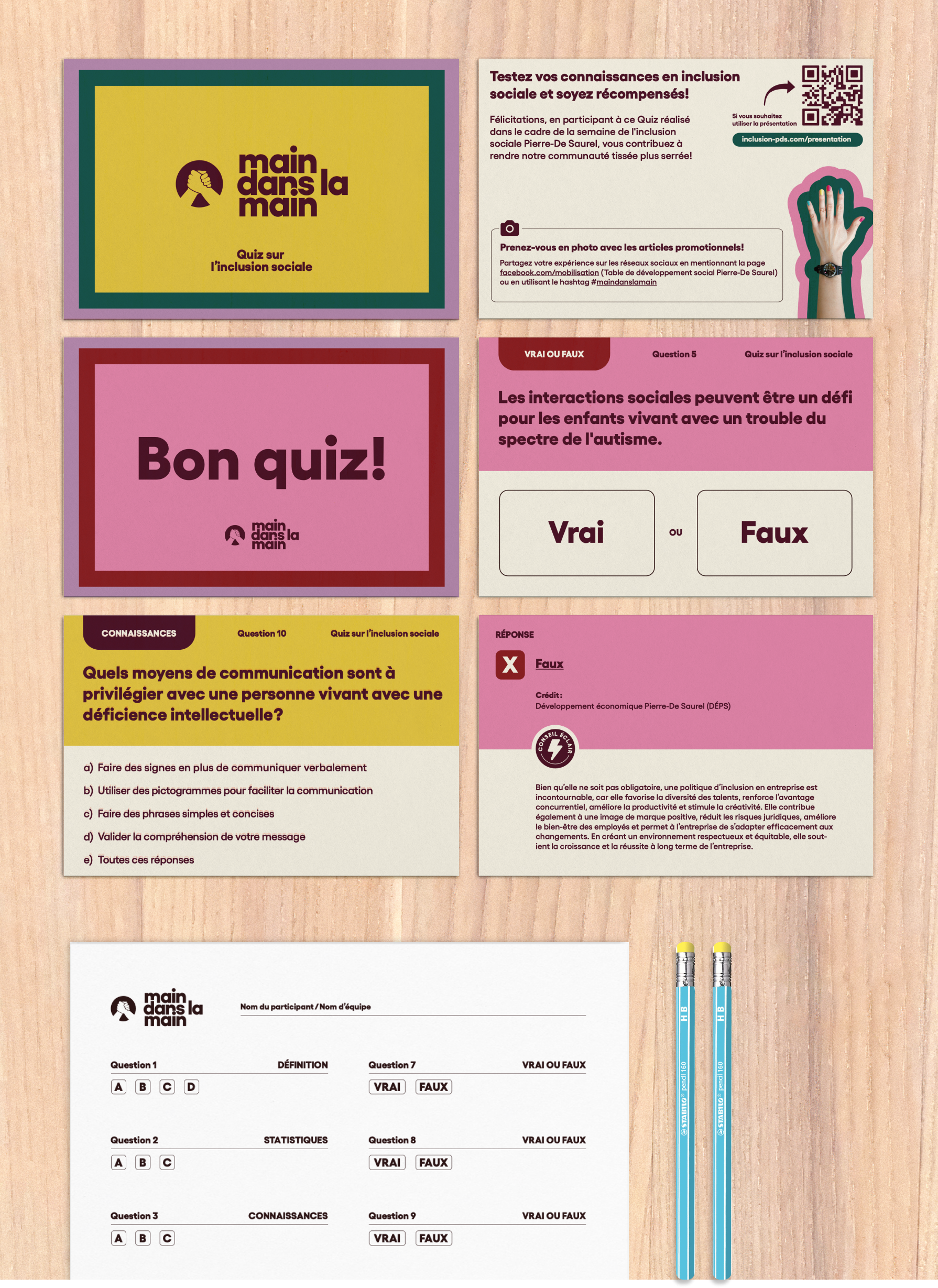 Différents articles que contenant la boîte du quiz de l'inclusion sociale de la campagne Main dans la main