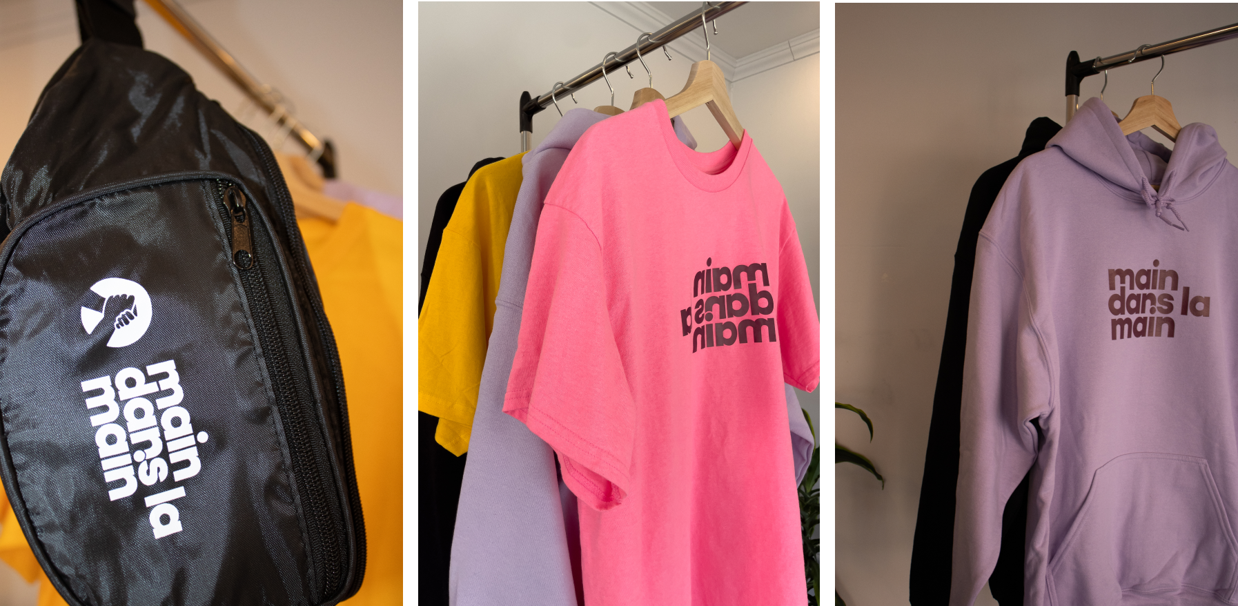 Sac banane, t-shirts, cotons ouatés avec le logo de la campagne Main dans la main