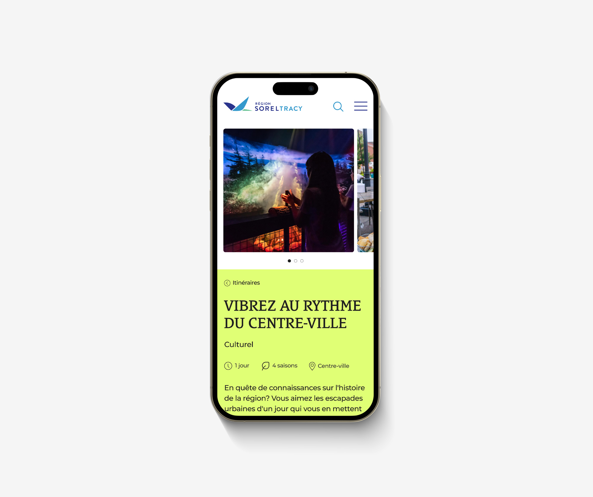 Téléphone mobile avec une vue sur le site de Tourisme Région Sorel-Tracy