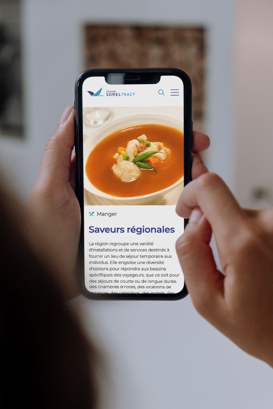 Vue sur le site de Tourisme Région Sorel-Tracy sur un téléphone mobile