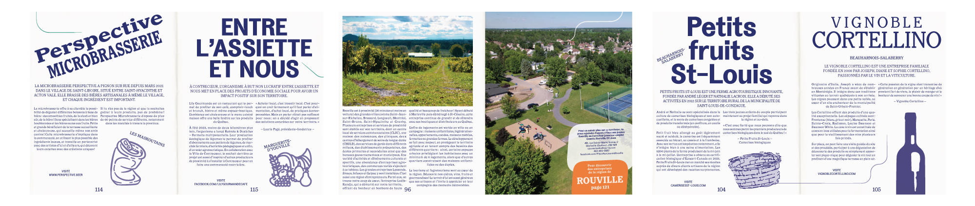 Double page de magazine présentant des entreprises locales de la Montérégie. À gauche, un texte sur la microbrasserie Perspective, située à Saint-Liboire, suivi d'une description de l'initiative 'Entre l’assiette et nous', promouvant l’économie sociale locale. À droite, une vue aérienne de la municipalité de Rouville, montrant des terrains de tennis et une aire de jeux, et un texte sur la ferme 'Petits fruits St-Louis', spécialisée dans les fruits biologiques.