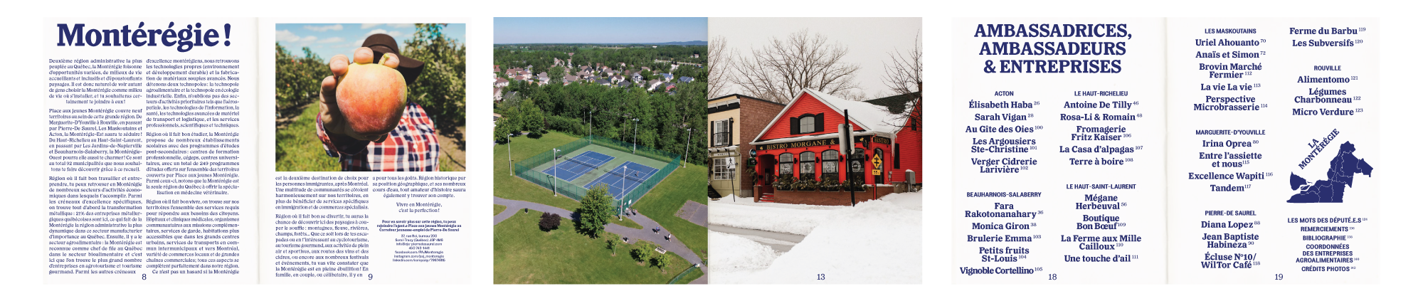 Double page de magazine sur la Montérégie. À gauche, un texte détaillé présente la région, ses attraits et ses opportunités. À droite, deux photos : l'une montrant une personne tenant une pomme dans un verger et l'autre une vue aérienne de courts de tennis entourés de verdure. En bas à droite, un restaurant rouge dans un paysage enneigé avec une liste d'ambassadeurs et d'entreprises locales.