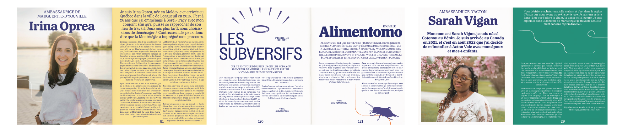 Double page de magazine présentant deux ambassadrices de la Montérégie. À gauche, un portrait d’Irina Oprea, ambassadrice de Marguerite-D’Youville, avec un texte sur son parcours. À droite, un texte sur la distillerie 'Les Subversifs', spécialisée dans la production artisanale de gin, vodka et crème de menthe.