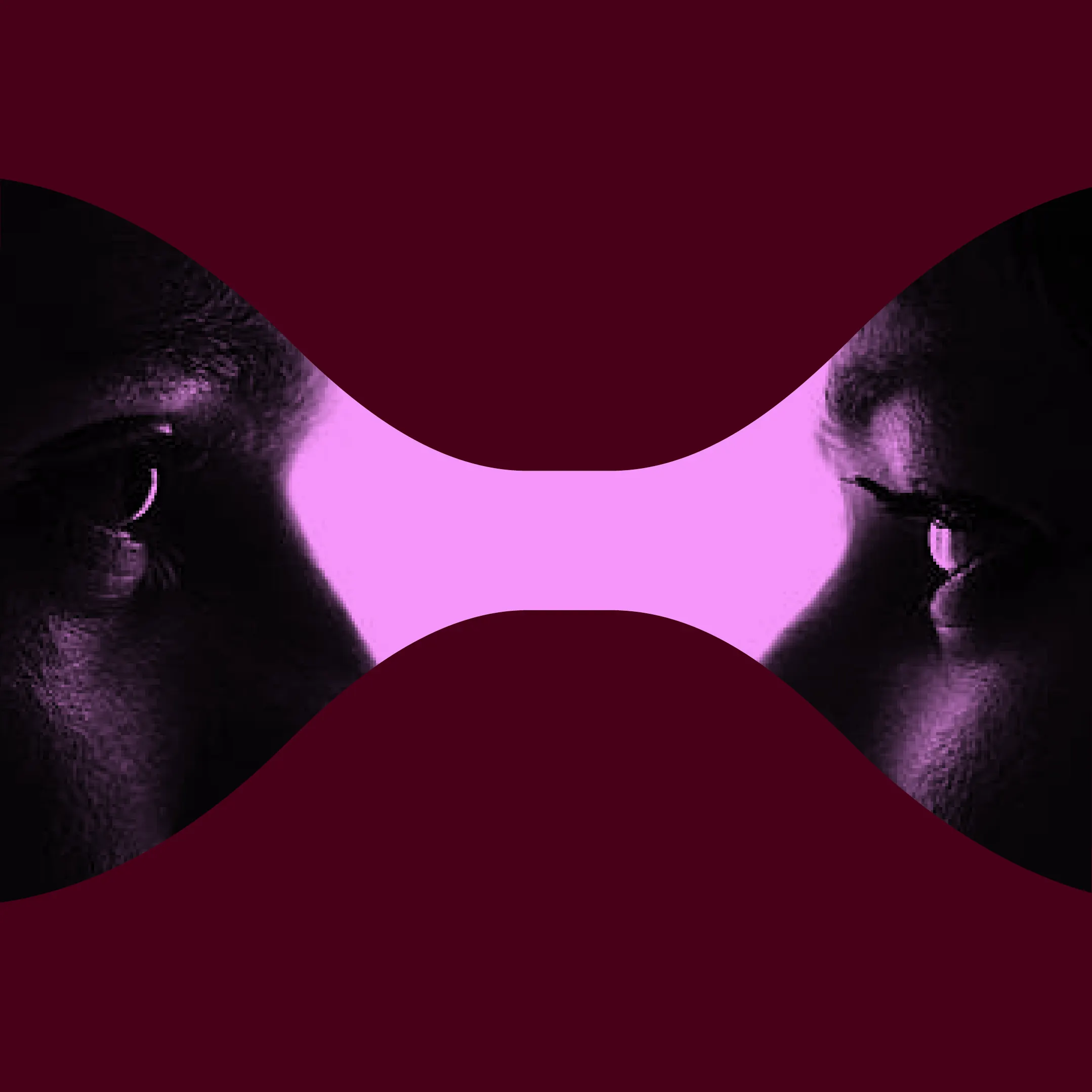 Deux visages en profil, éclairés en rose, se faisant face dans un espace en forme de sablier sur un fond bordeaux.