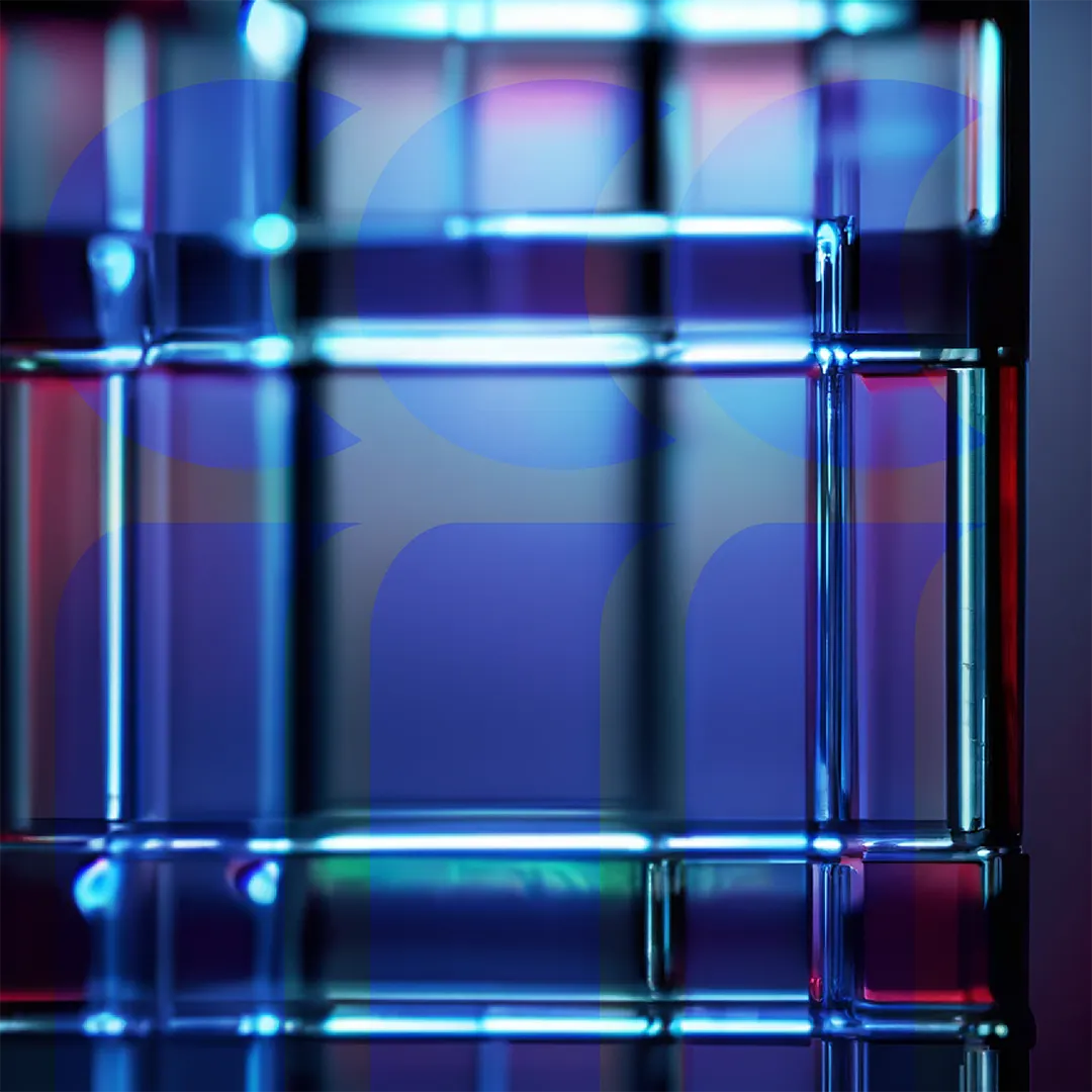 Structure en verre ou métal aux reflets bleus et rouges, avec des formes abstraites translucides superposées en arrière-plan.