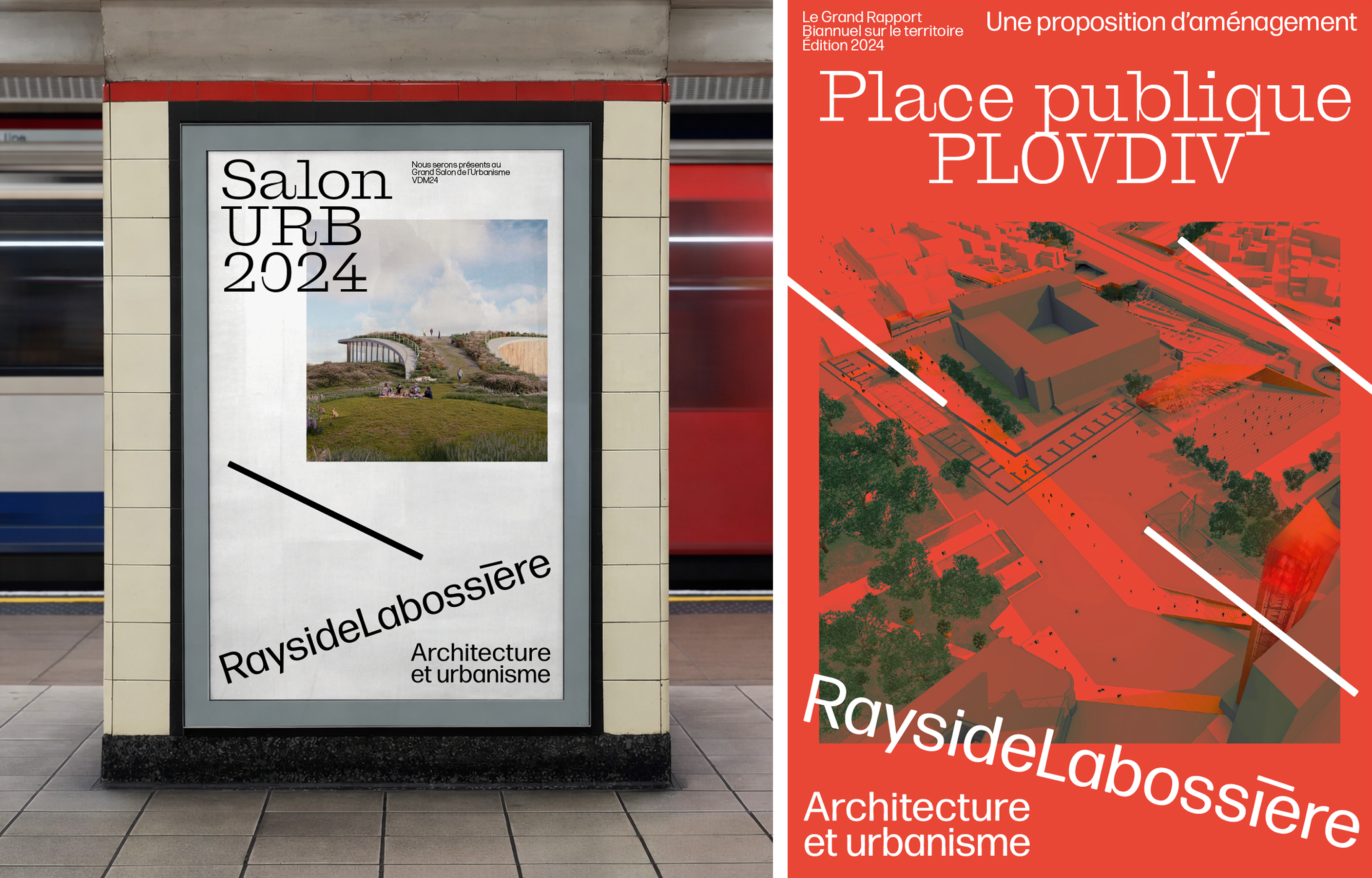 Présentation de deux supports de communication conçus par l'agence Colosse pour Rayside Labossière. À gauche, une maquette d'affiche dans une station de métro pour le 'Salon URB 2024' illustrée par un parc. À droite, une affiche rouge vif intitulée 'Place publique PLOVDIV', montrant une vue aérienne d'un projet d'aménagement traversée par des lignes diagonales blanches.