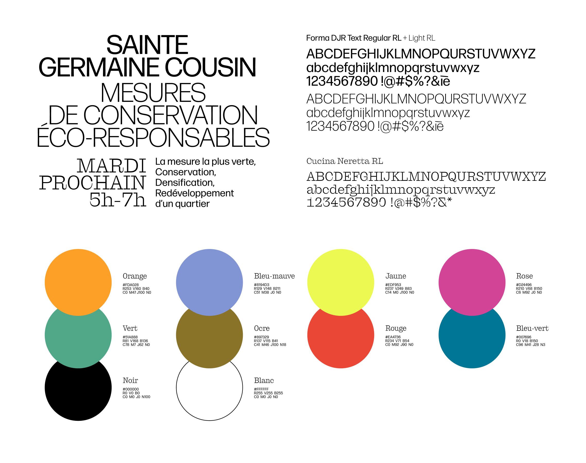 Planche de la charte graphique élaborée par l'agence Colosse, présentant des exemples de mises en page typographiques, les polices de caractères utilisées (Forma DJR Text, Cucina Neretta) et le nuancier complet des couleurs de la marque avec leurs noms et codes techniques.