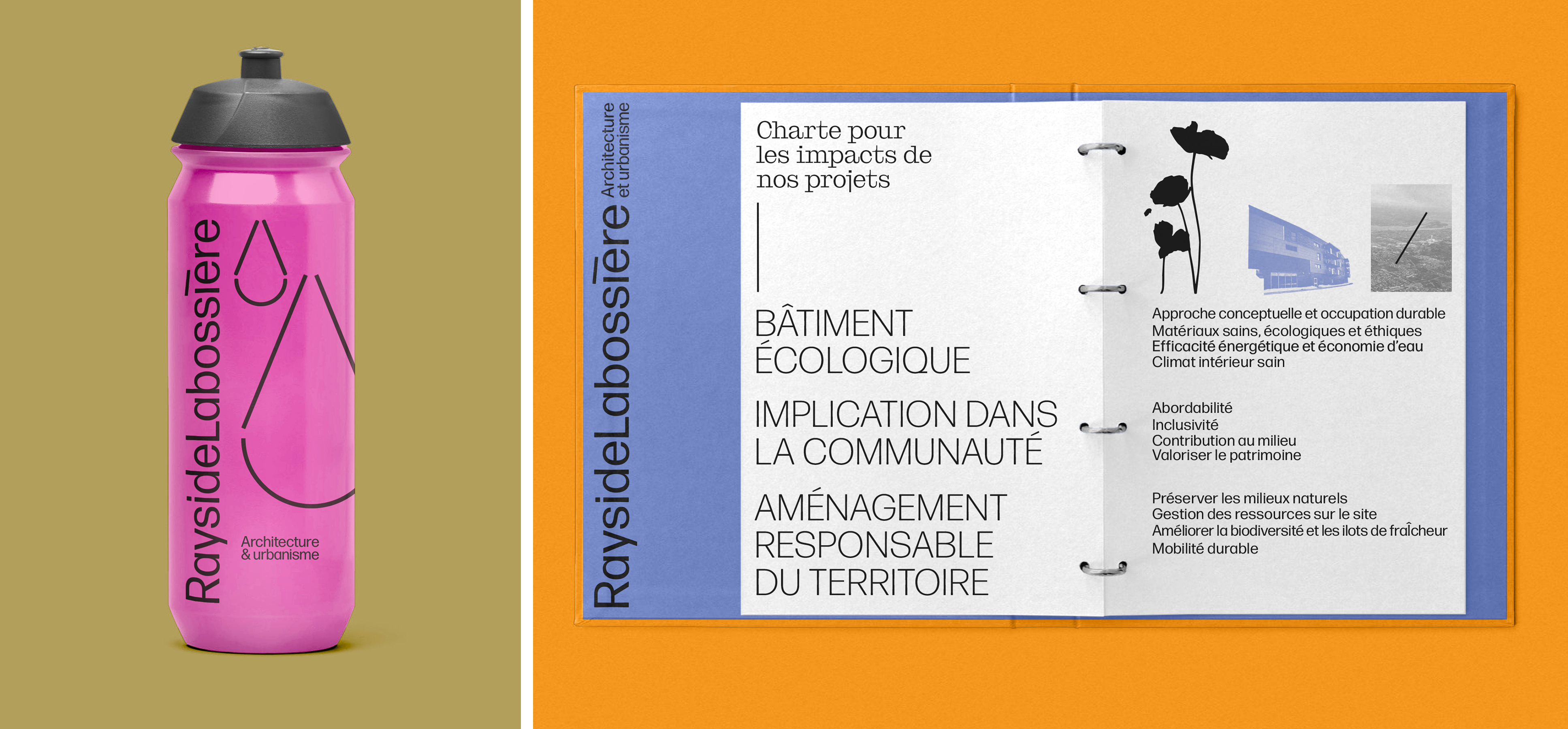 Affiche typographique minimaliste conçue par l'agence Colosse pour Rayside Labossière. La composition en noir et blanc présente le nom de la firme en une grande diagonale ascendante, contrastant avec le titre 'Architecture et urbanisme' aligné horizontalement.