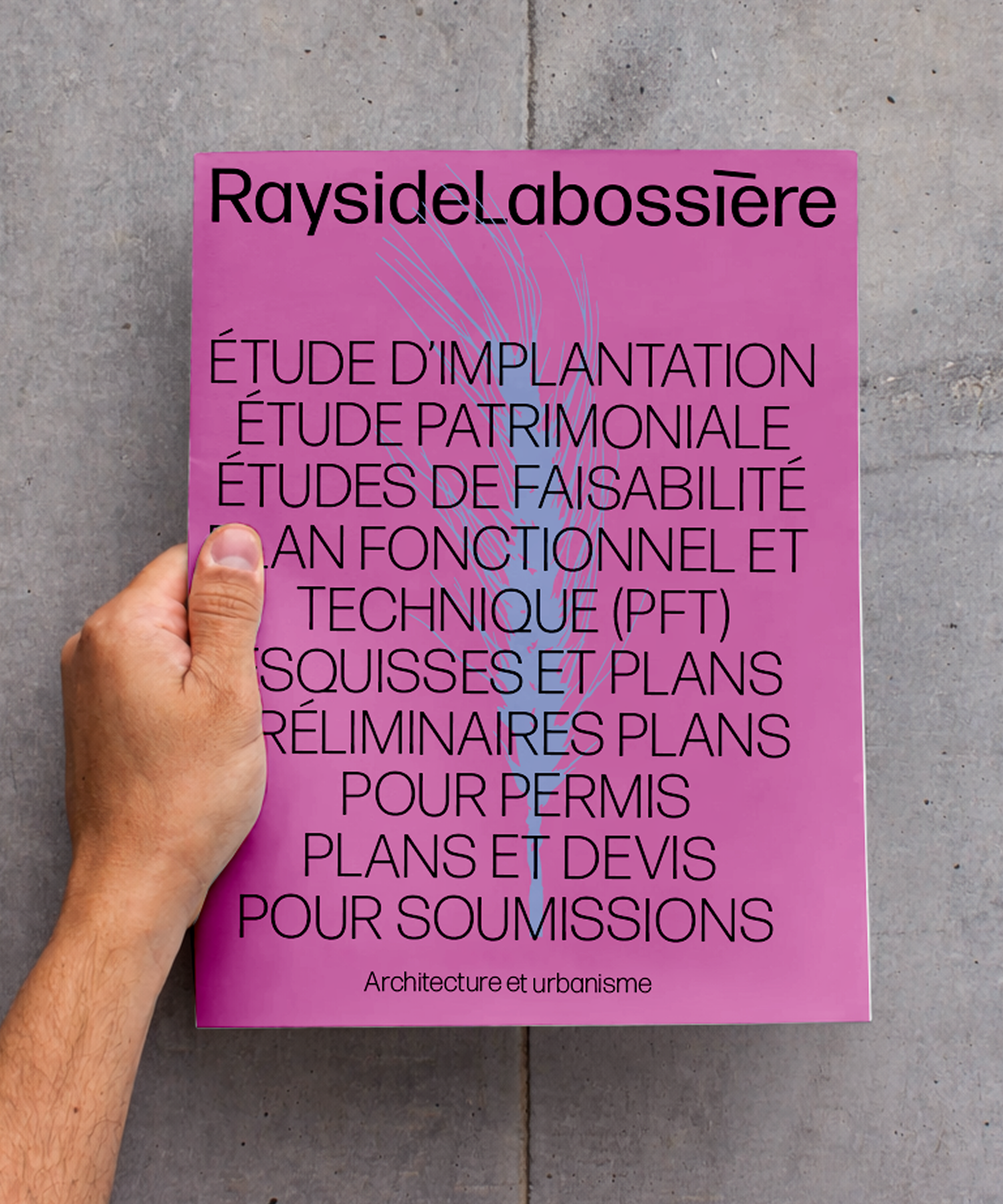 Couverture rose vif d'une brochure de services réalisée par l'agence Colosse. Une main tient le document qui liste en typographie noire les expertises techniques (études d'implantation, patrimoniale, faisabilité, plans...) superposées à une illustration végétale bleue en filigrane.