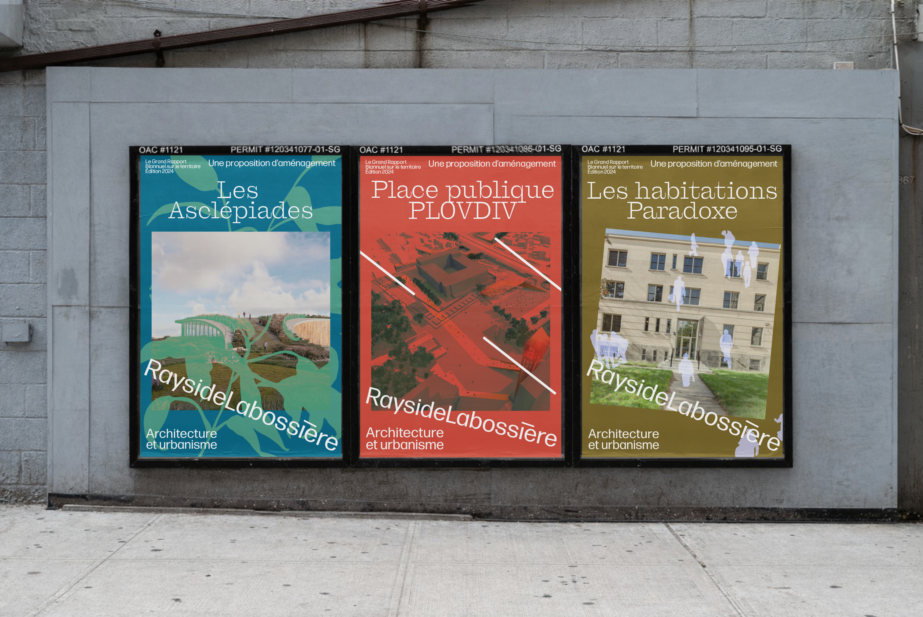 Série d'affiches urbaines colorées conçue par l'agence Colosse pour présenter les projets de la firme. De gauche à droite : 'Les Asclépiades' en bleu et vert, 'Place publique PLOVDIV' en rouge vif, et 'Les habitations Paradoxe' en ocre, toutes unifiées par la même grille graphique rigoureuse.