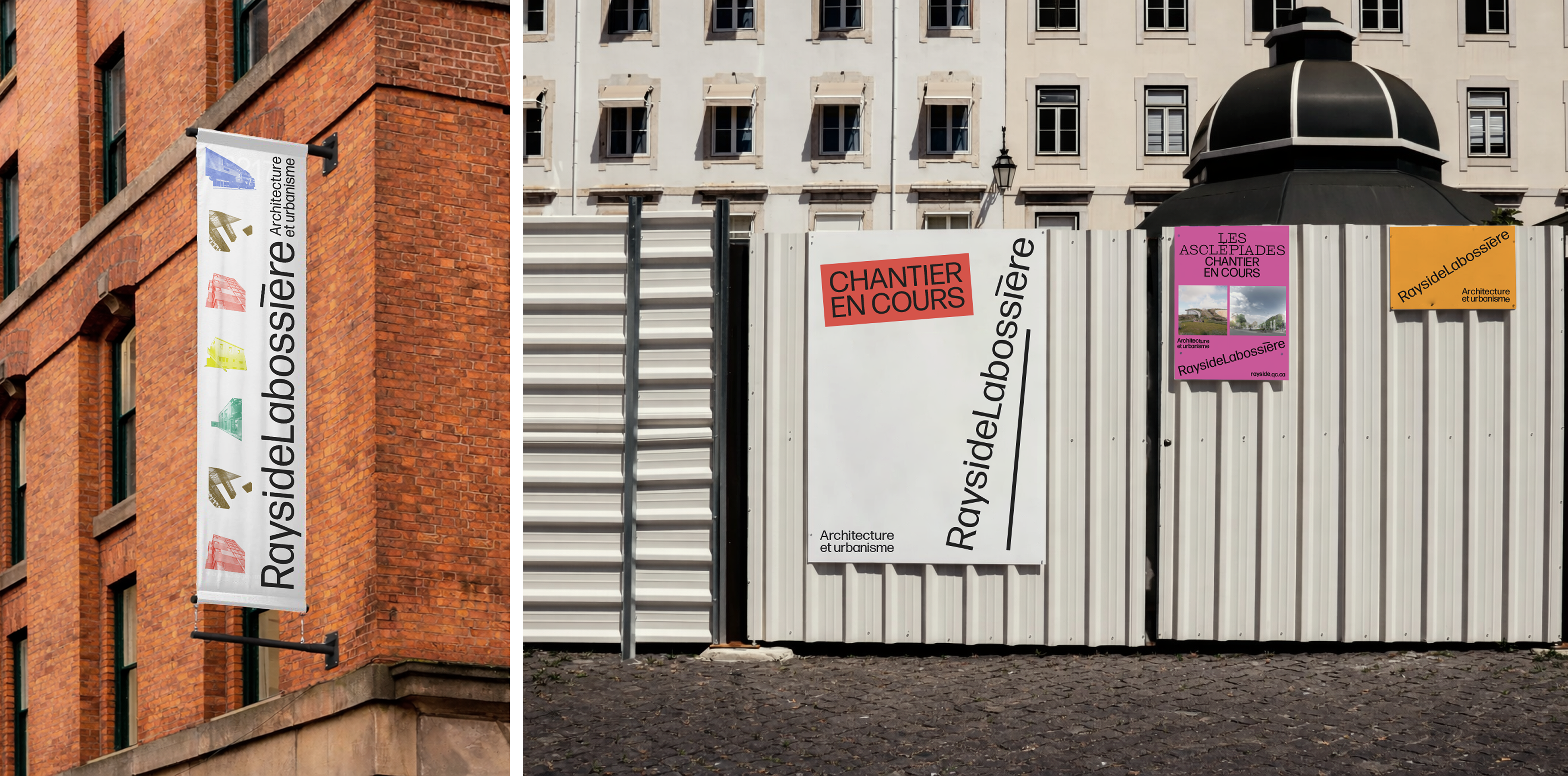 Mise en situation de la signalétique extérieure conçue par l'agence Colosse. À gauche, une bannière verticale colorée est fixée sur une façade en brique. À droite, une clôture de chantier est habillée de panneaux 'Chantier en cours' blancs, roses et jaunes reprenant la diagonale identitaire de la marque.
