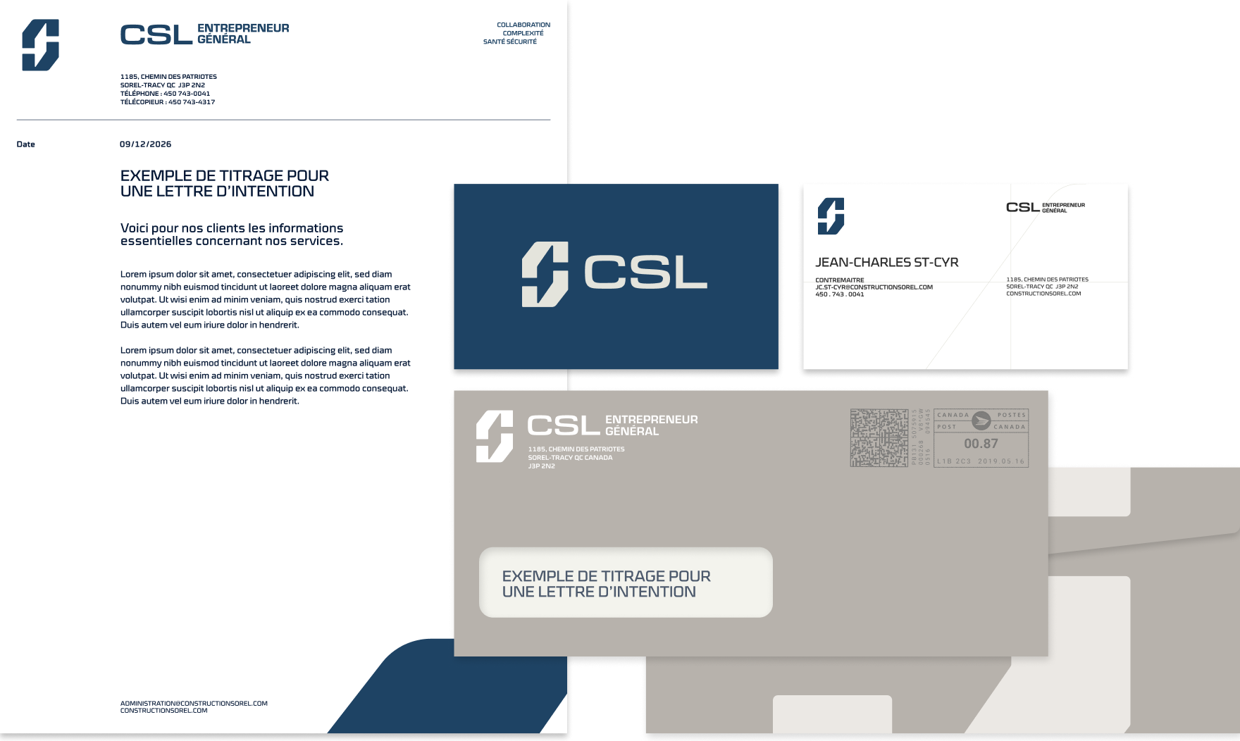 Mockup de papeterie fait avec les éléments graphiques de la nouvelle image de marque de CSL développés par l'agence COLOSSE