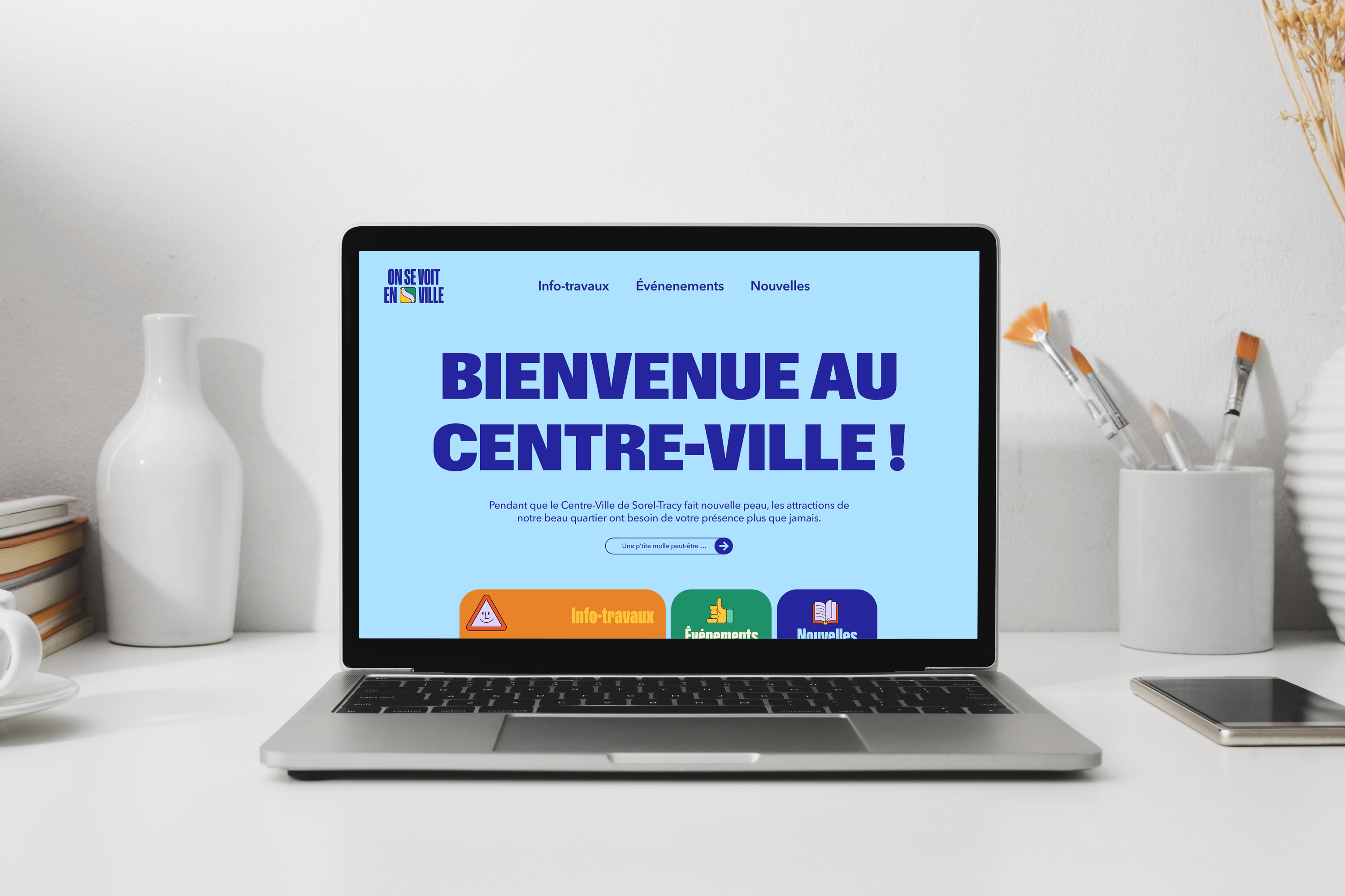 Exemple de page web avec des éléments graphiques de l'identité visuelle de la campagne On se voit en ville