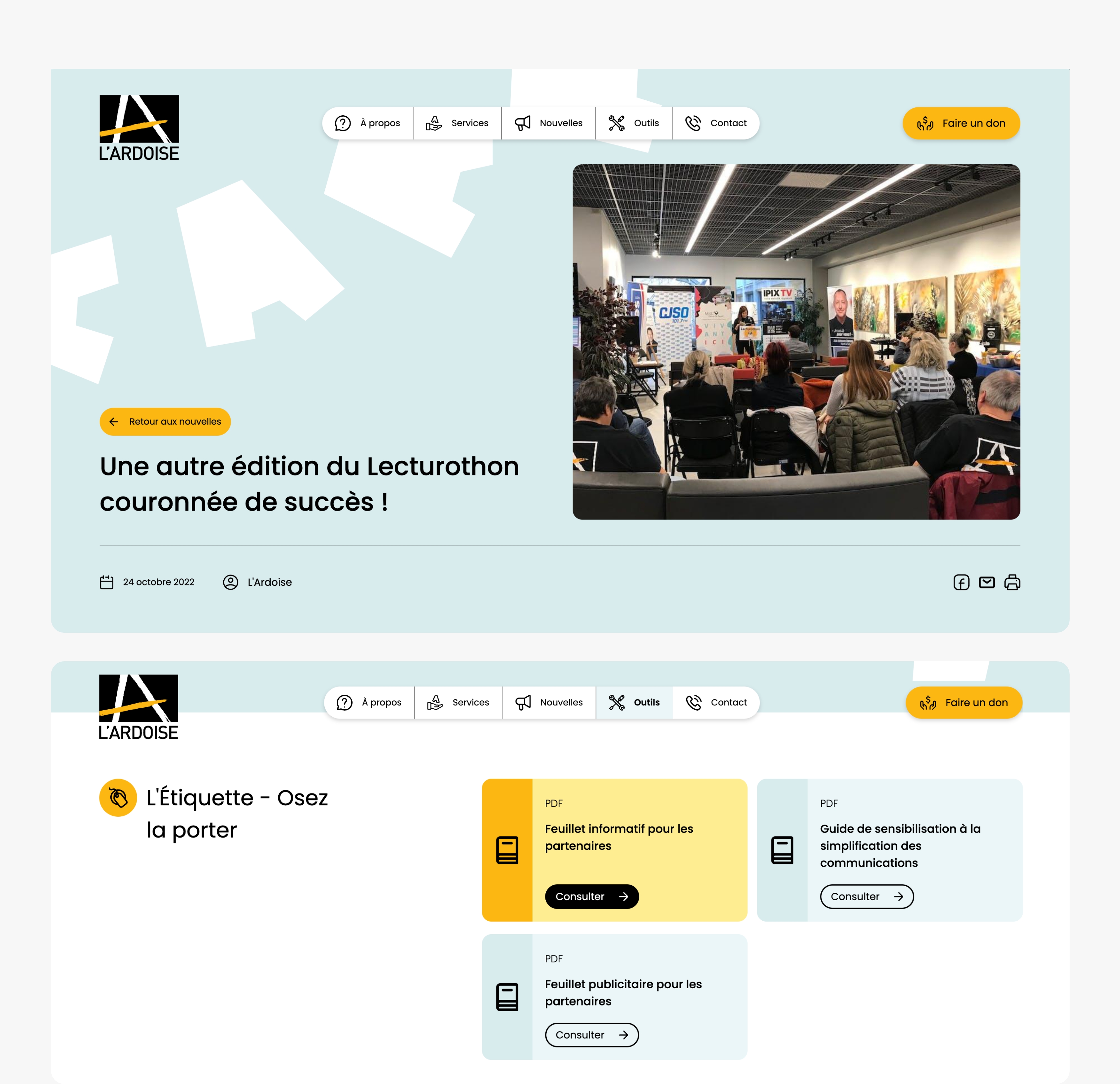 Exemple de page du site web de L'Ardoise, groupe populaire en alphabétisation en desktop