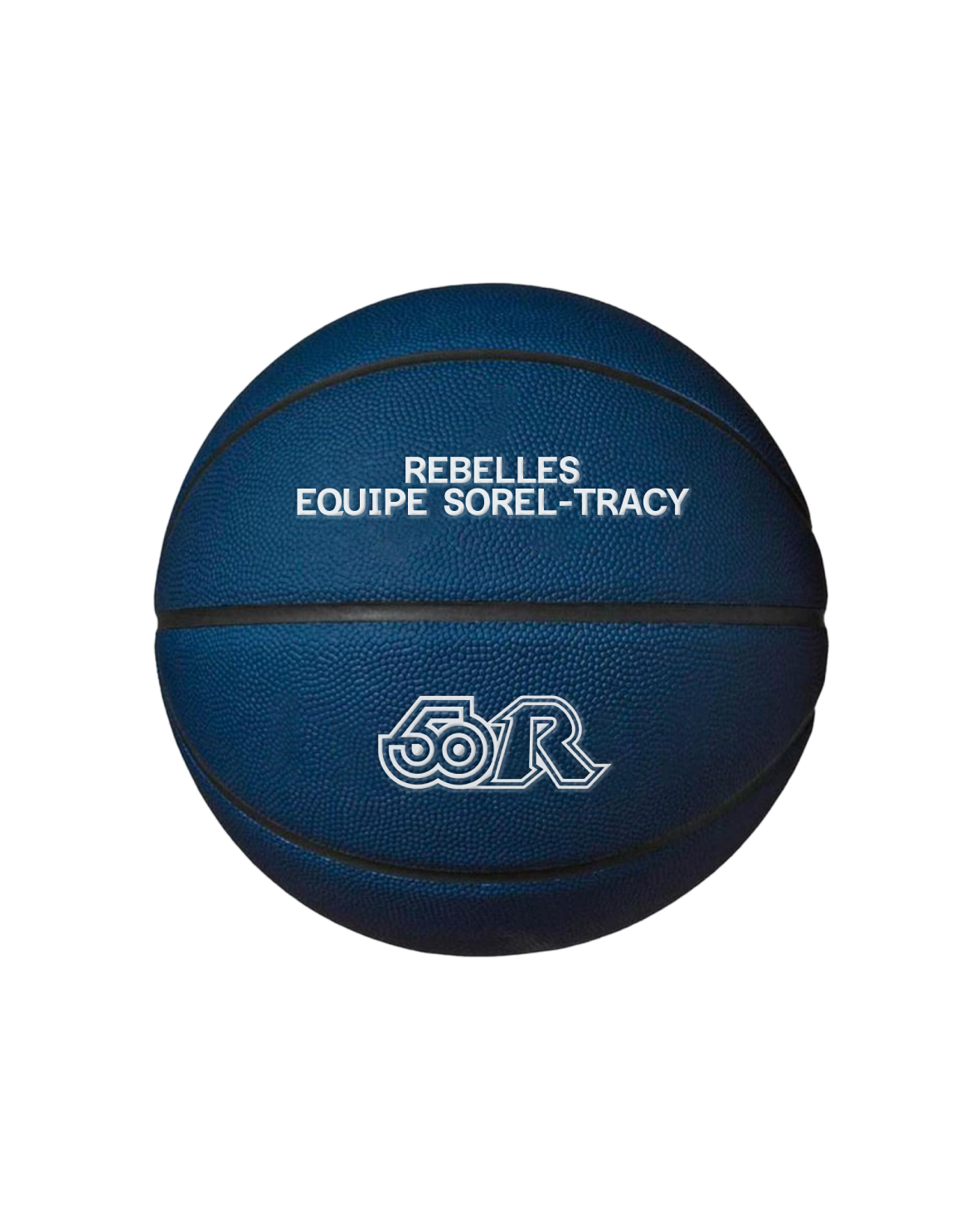Exemple de ballon de basket avec des éléments de l'identité visuelle pour le 50 ans des Rebelles