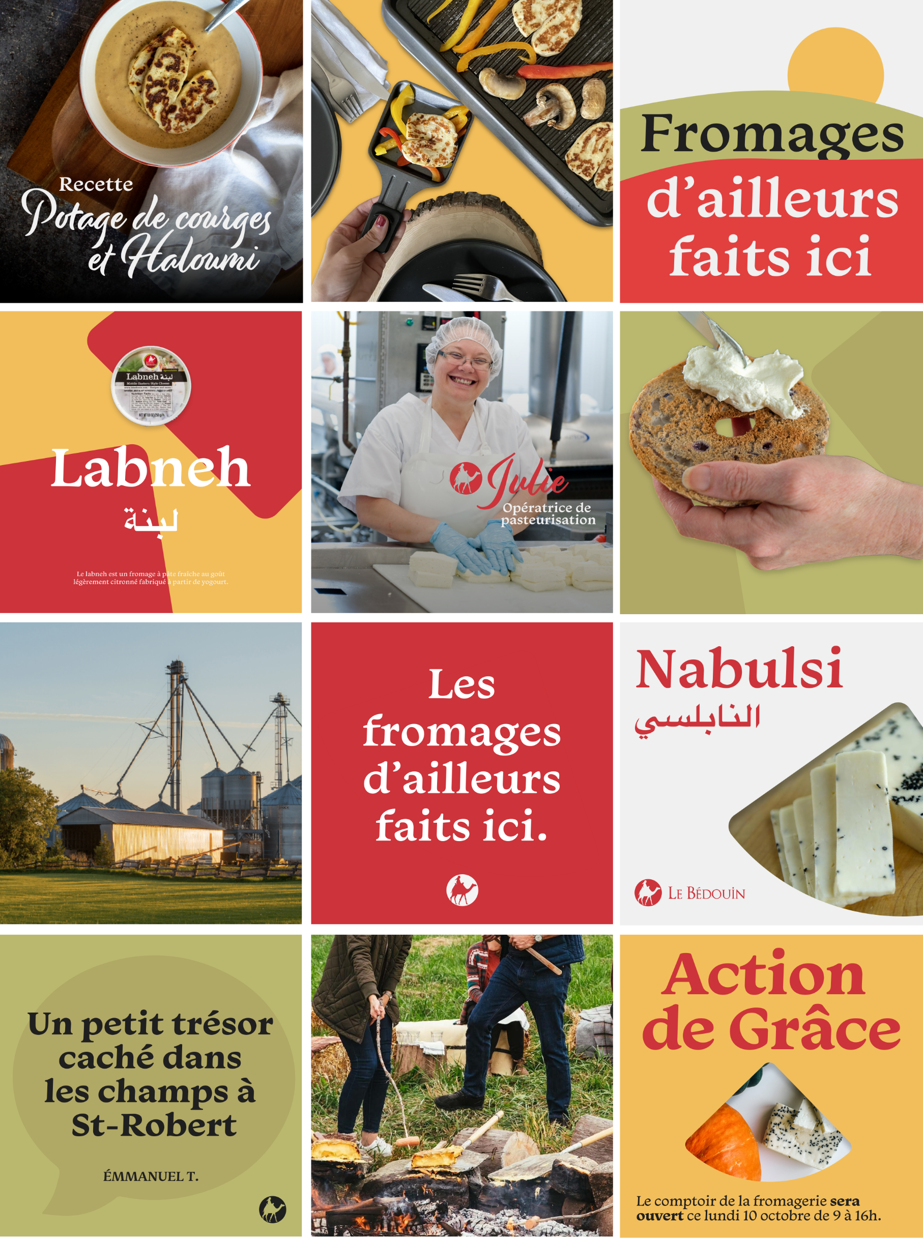 Exemples de la grille Instagram avec des éléments graphiques de l'identité visuelle de la fromagerie Le Bédouin