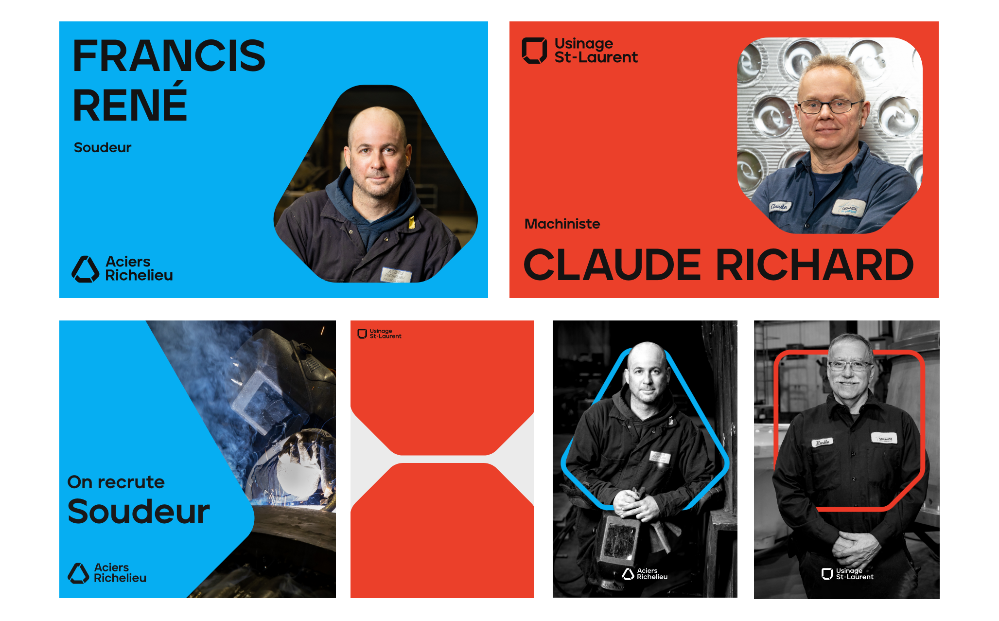 Exemples de cartes d'affaires avec les éléments graphiques de l'identité visuelle d'Aciers Richelieu Usinage St-Laurent