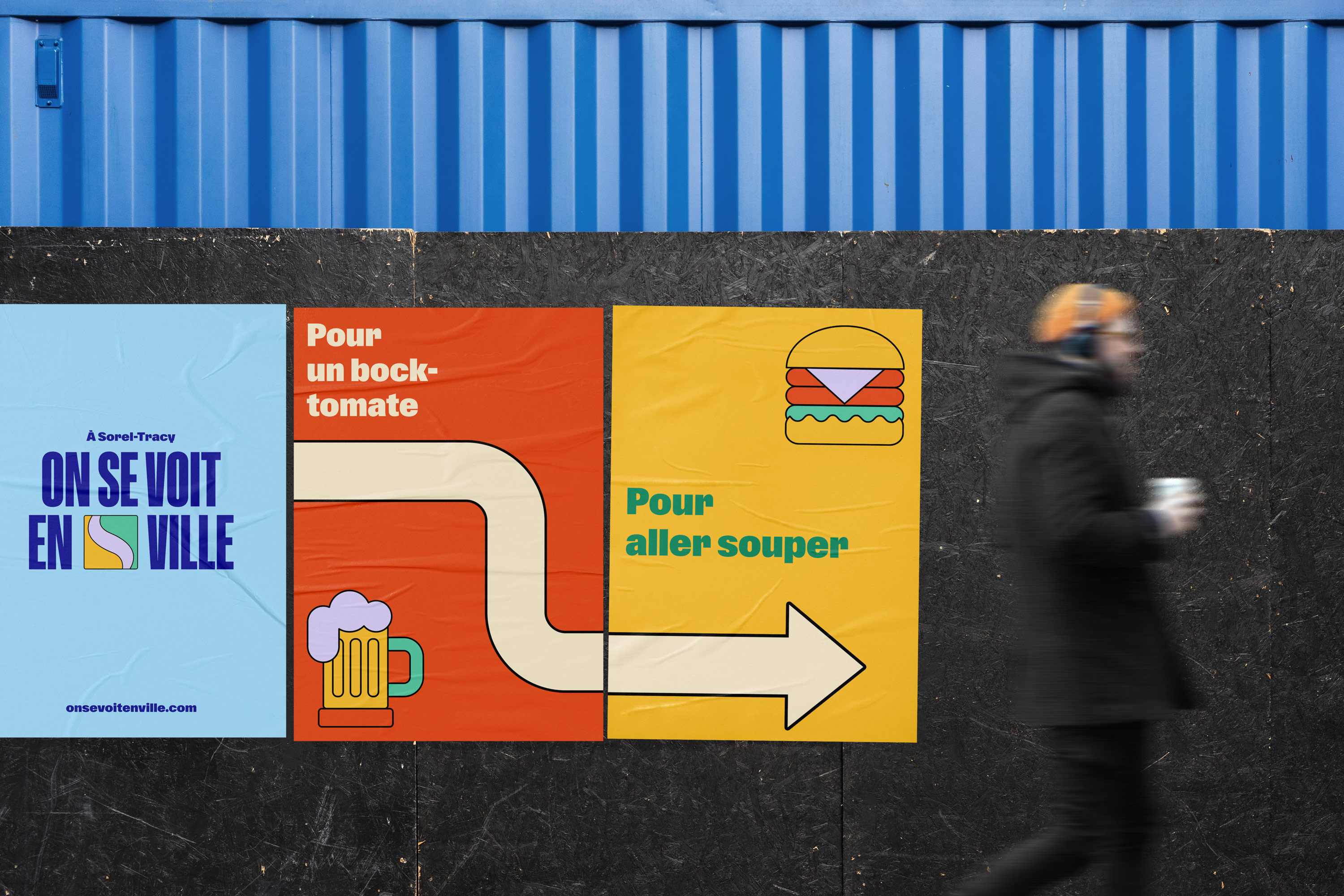 Exemple d'affichage extérieur avec des éléments graphiques de l'identité visuelle de la campagne On se voit en ville