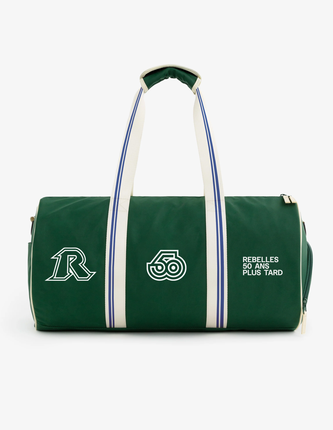 Exemple de sac de sport avec des éléments de l'identité visuelle pour le 50 ans des Rebelles
