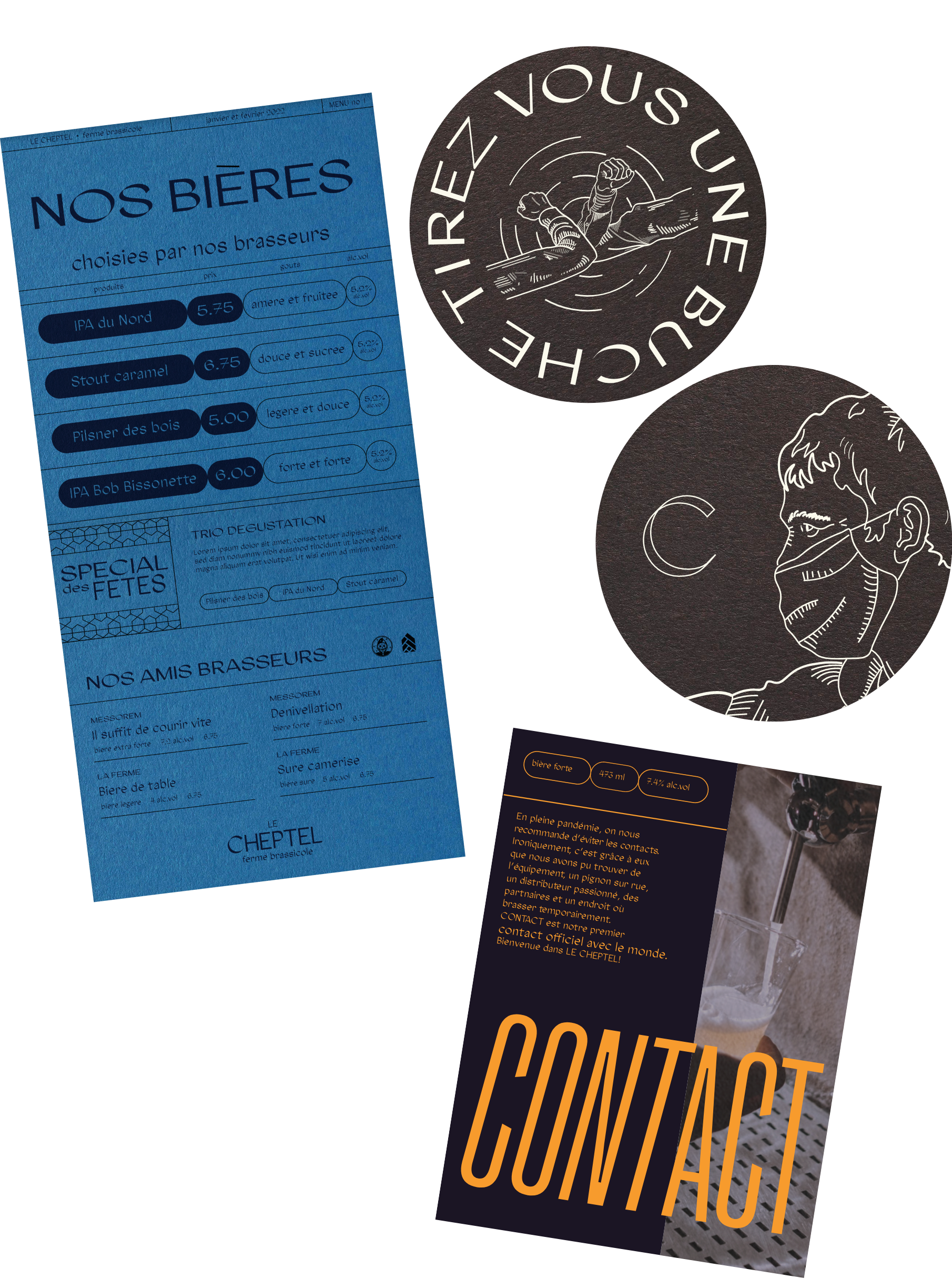Exemples de menu et de sous-verres ayant des éléments graphiques provenant de l'image de marque de la microbrasserie Le Cheptel