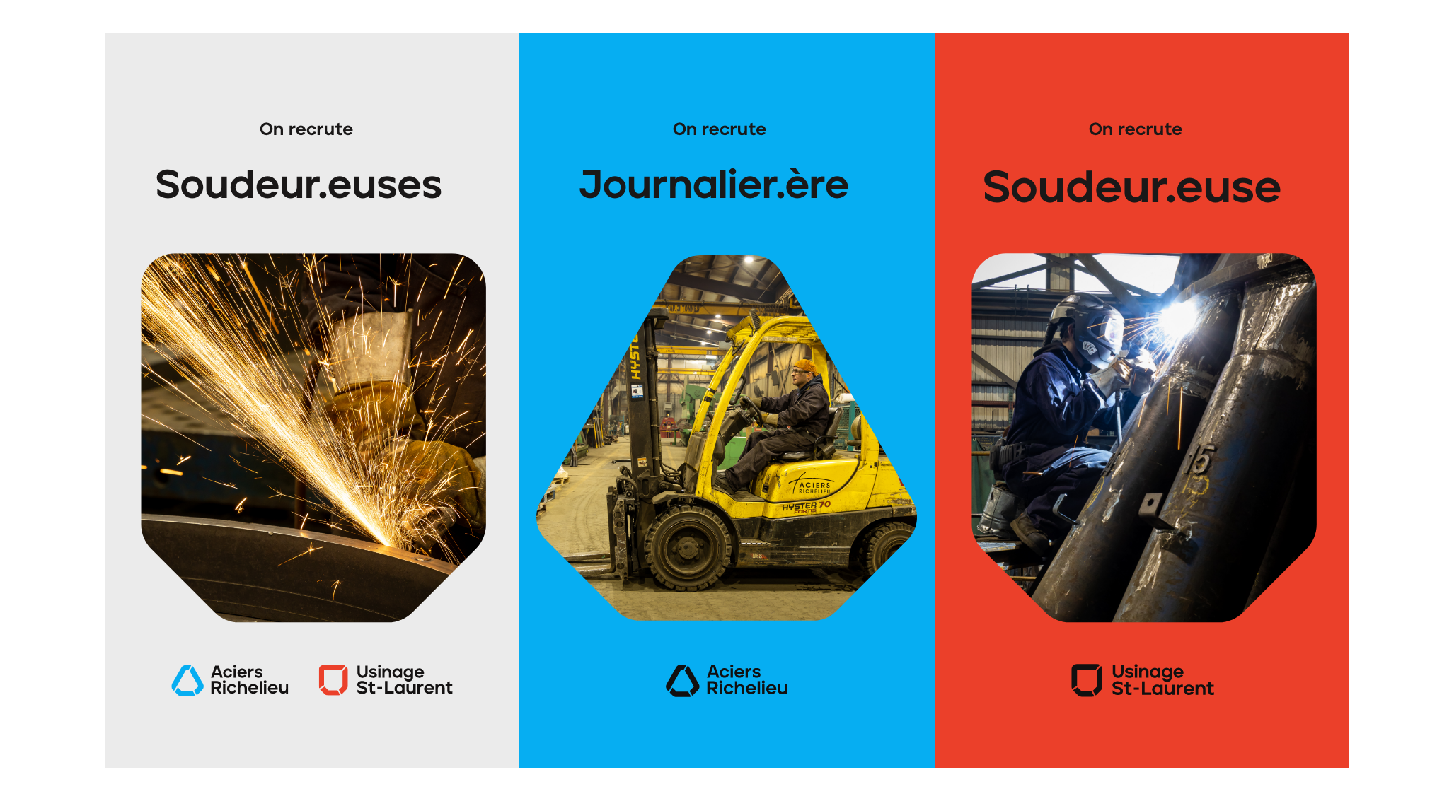 Exemples de publications de médias sociaux avec les éléments graphiques de l'identité visuelle d'Aciers Richelieu Usinage St-Laurent