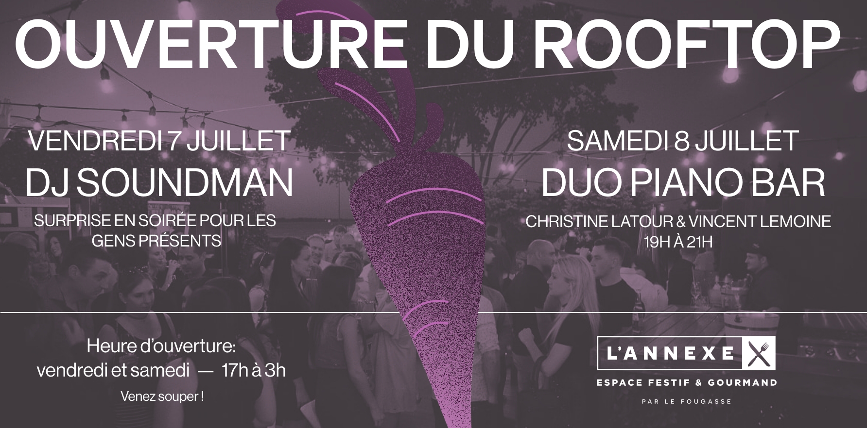 Publication de médias sociaux faisant un annonce pour un événement avec des éléments graphiques provenant de l'image de marque du restaurant Le Fougasse