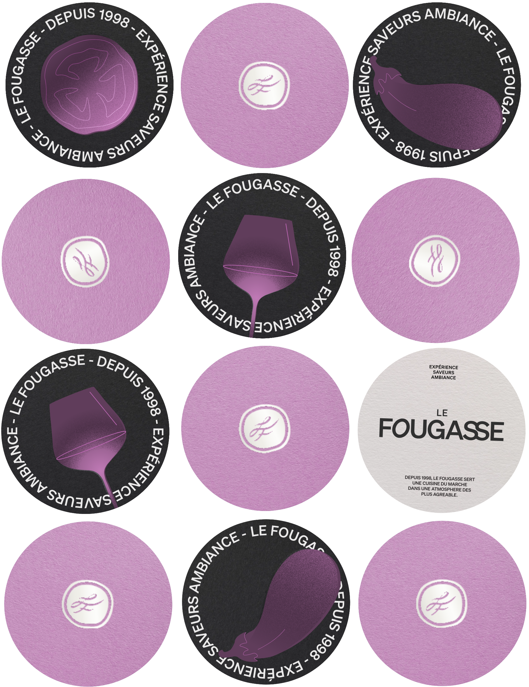 Exemples de sous-verres avec les couleurs et les polices provenant de l'Image de marque du restaurant Le Fougasse