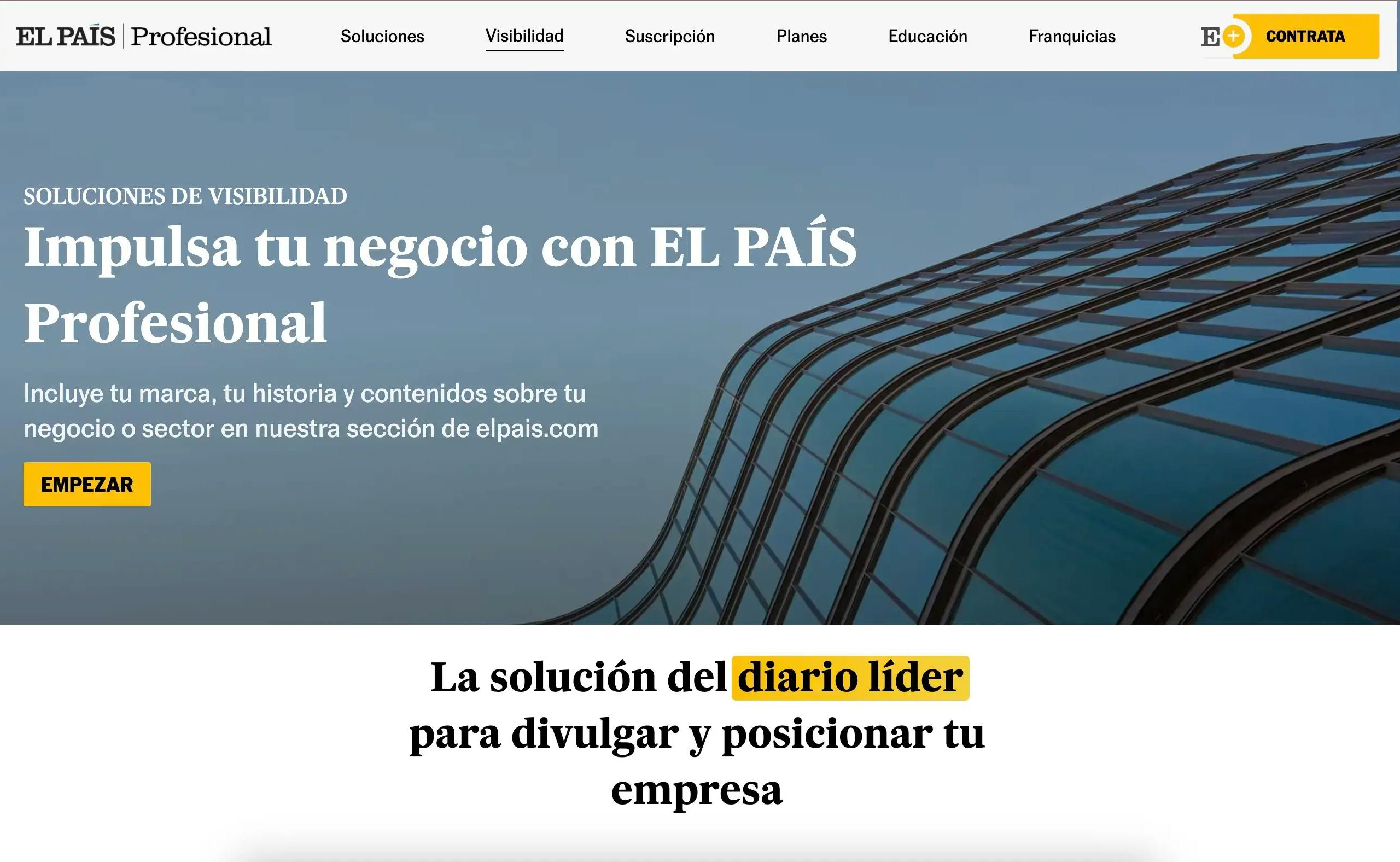 Landing web de El País Profesional desarrollada por Comerciame