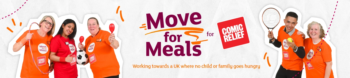 Group of people wearing orange and red Move for Meals T‑shirts holding sports equipment, alongside “Move for Meals for Comic Relief” text and Comic Relief logo.