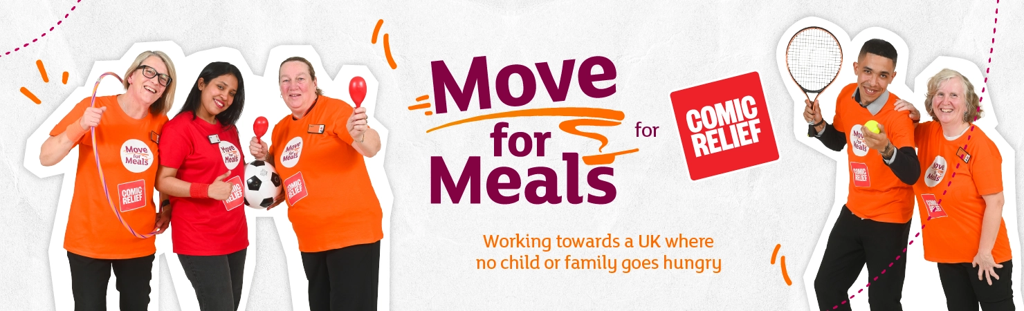 Group of people wearing orange and red Move for Meals T‑shirts holding sports equipment, alongside “Move for Meals for Comic Relief” text and Comic Relief logo.