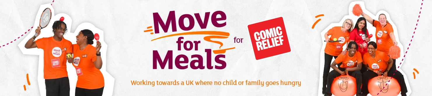 Move for Meals for Comic Relief banner showing groups of people in orange T‑shirts taking part in activities, with text about ending hunger in the UK.