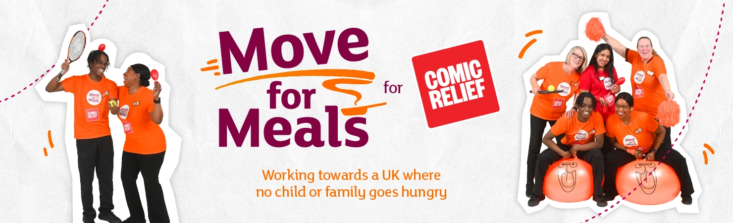 Move for Meals for Comic Relief banner showing groups of people in orange T‑shirts taking part in activities, with text about ending hunger in the UK.