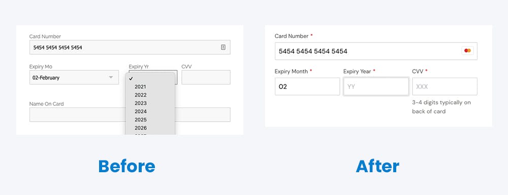 Comparison of changes made to expiry credit card fields