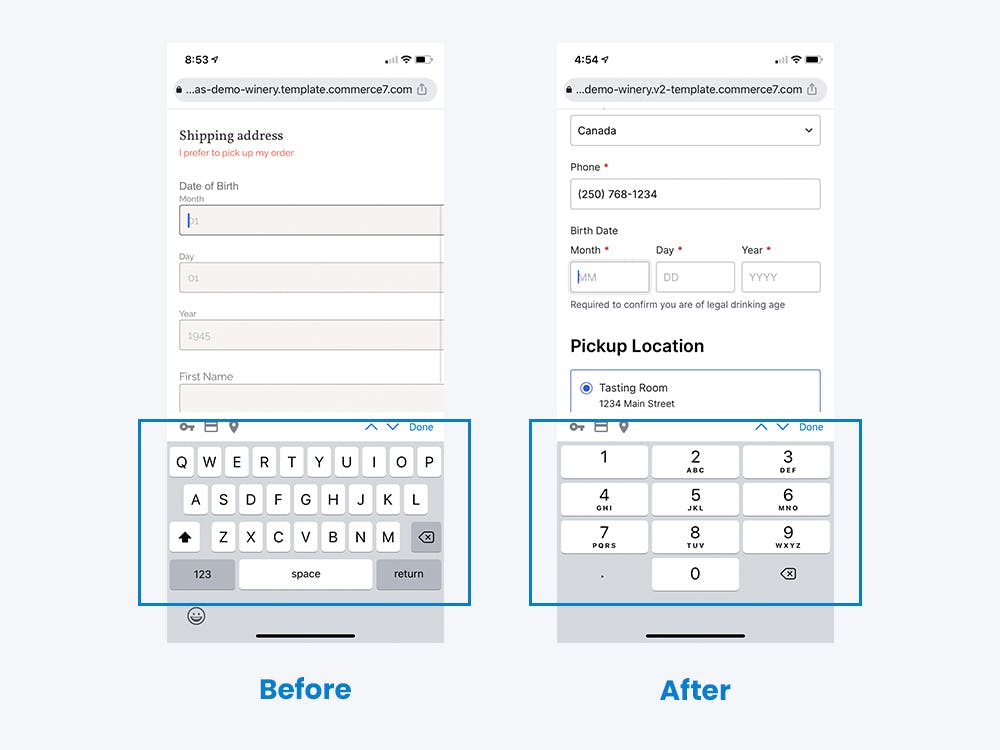 Comparison of before and after keyboard change for number field