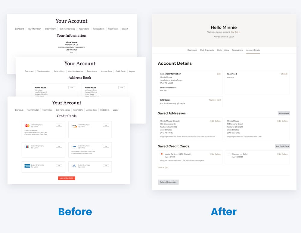 Comparison of account pages in v1 vs v2