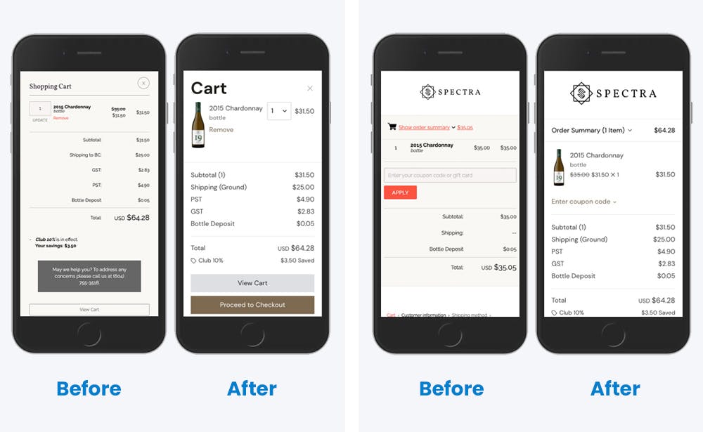 Comparison of the order summary in v1 vs v2