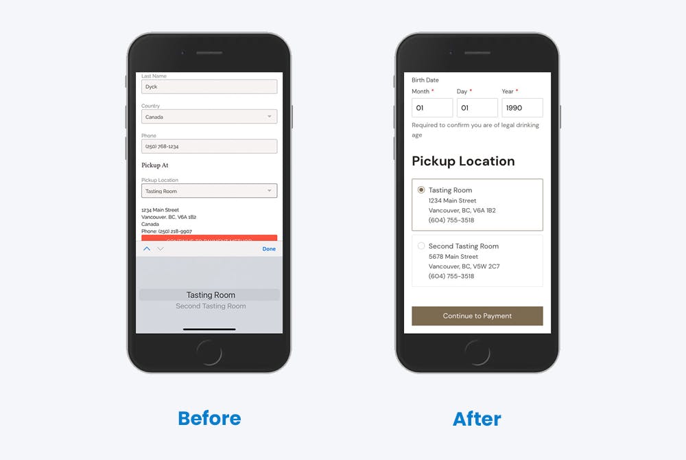 Comparison of pickup location dropdown on v1 vs v2