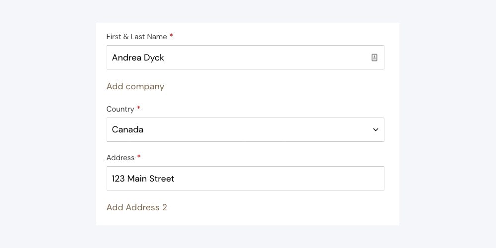 Shipping address form with required fields marked with an asterisk and optional fields collapsed