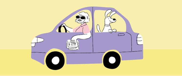 A Woman and a dog in a car