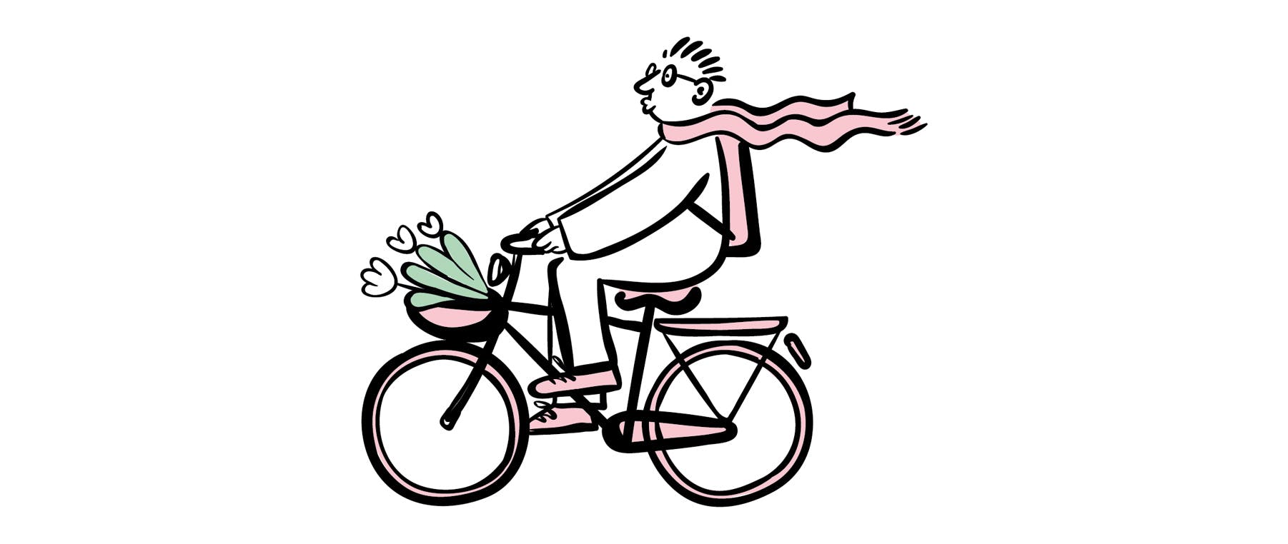 person on a bike with tulips in the basket and flying scarf