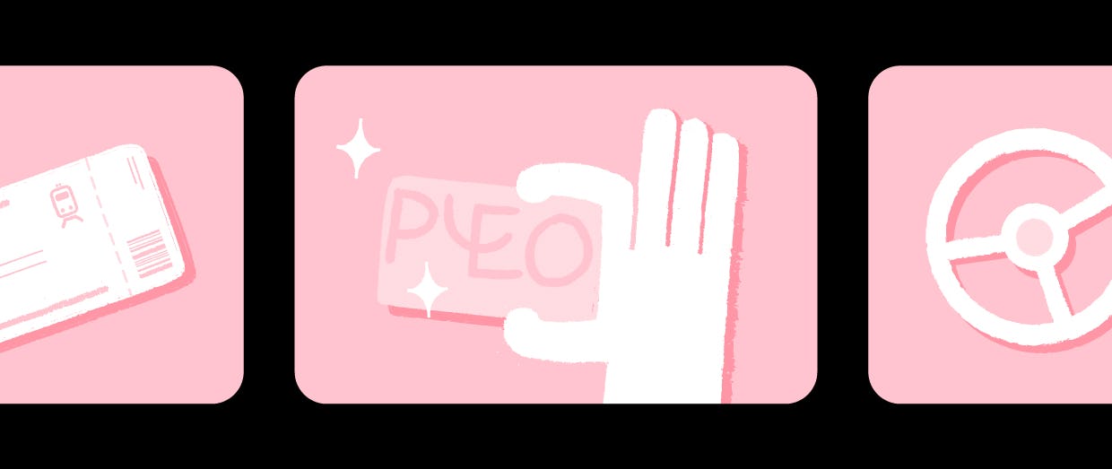Train ticket, hand holding Pleo card, steering wheel
