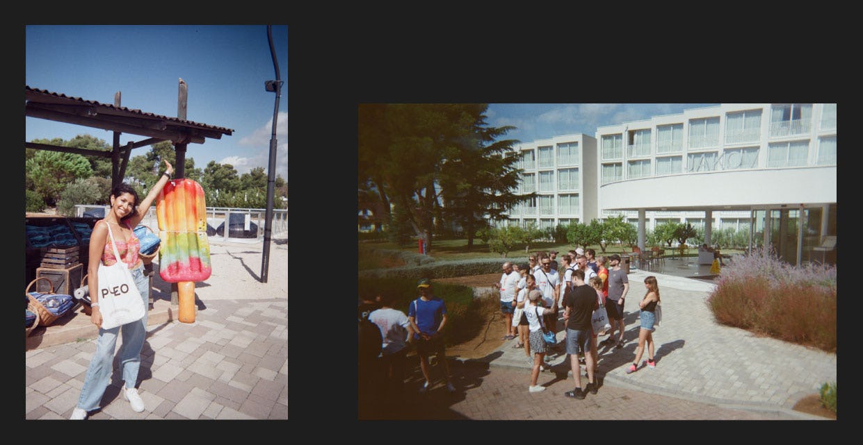 A split image with two photos. One shows a Pleo'er standing next to an inflatable lollipop and the other shows a group of Pleo'ers outside in the sun