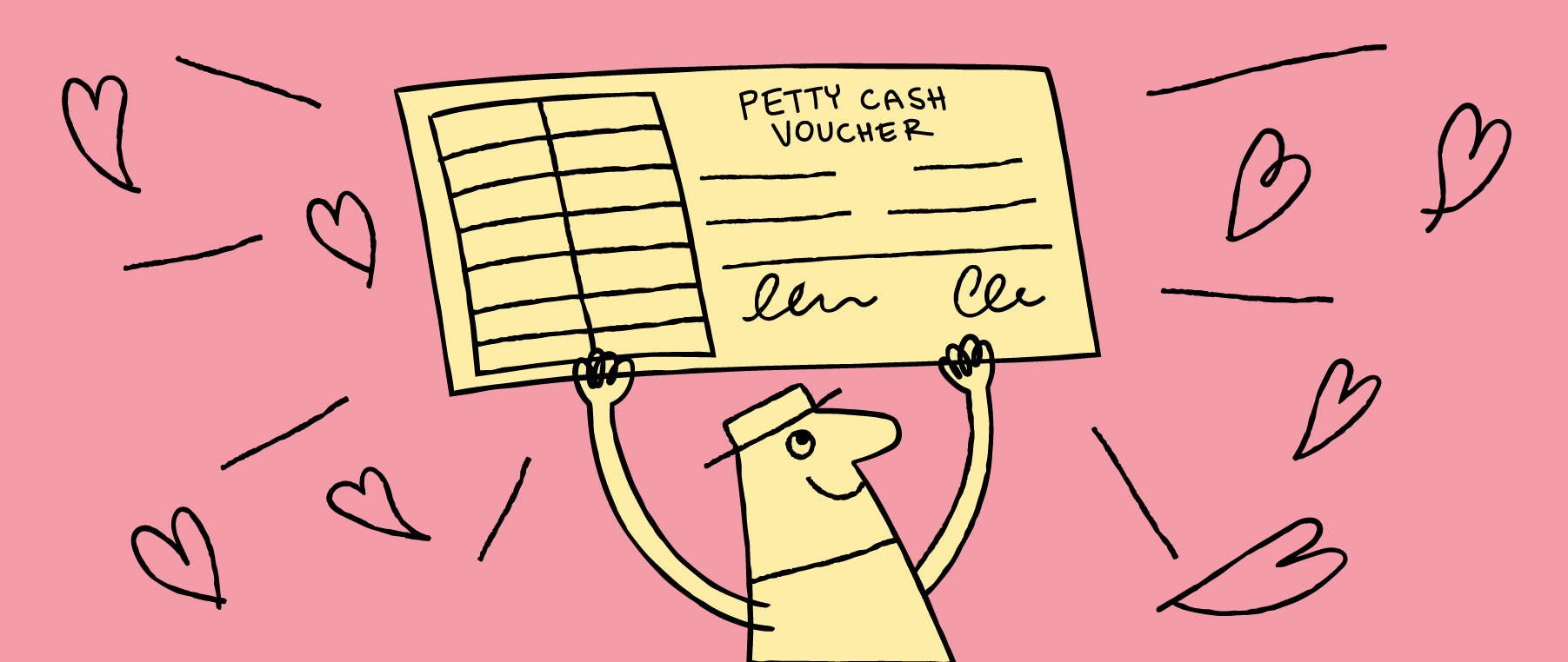 Cartoon holding up petty cash voucher