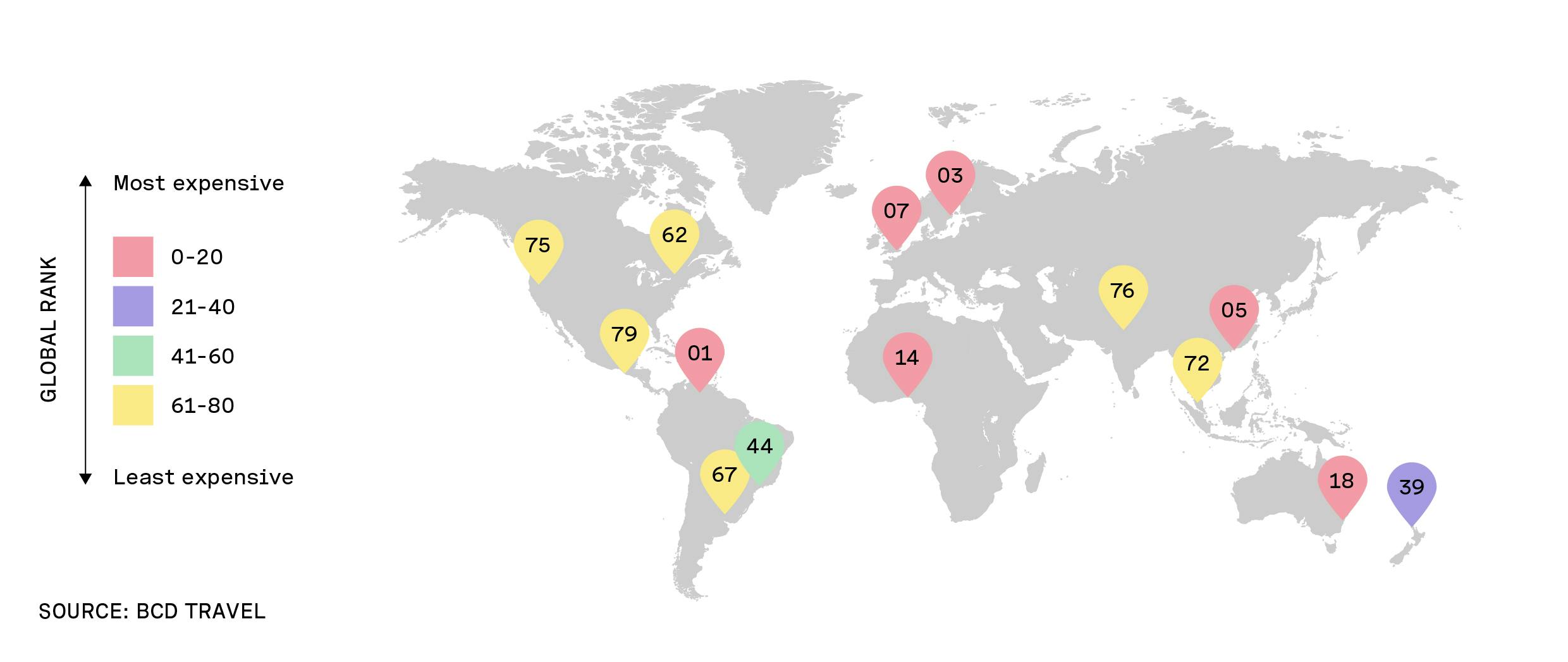World map showing least expensive to most expensive cities to travel to for work
