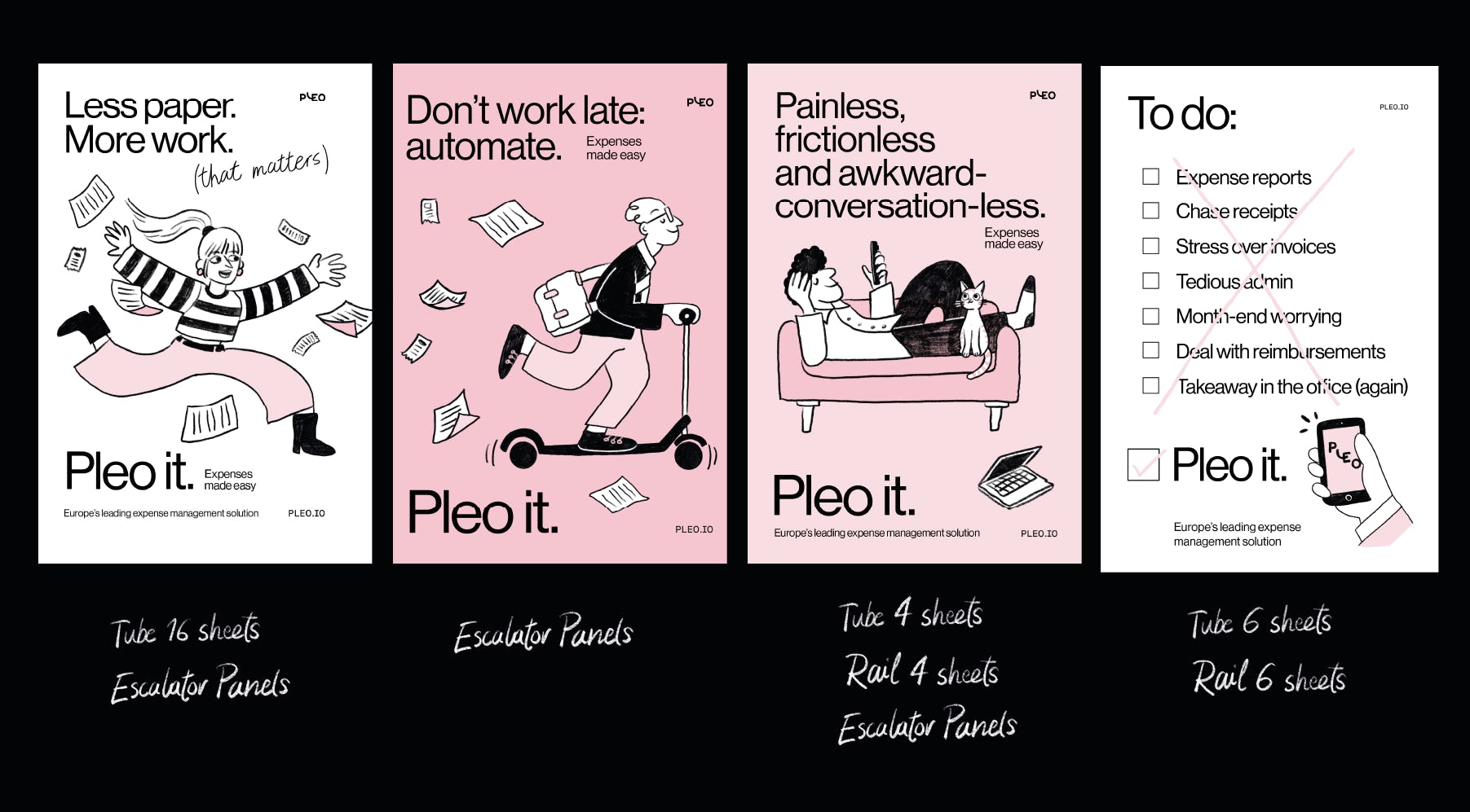 Four of Pleo's out-of-home campaign variations