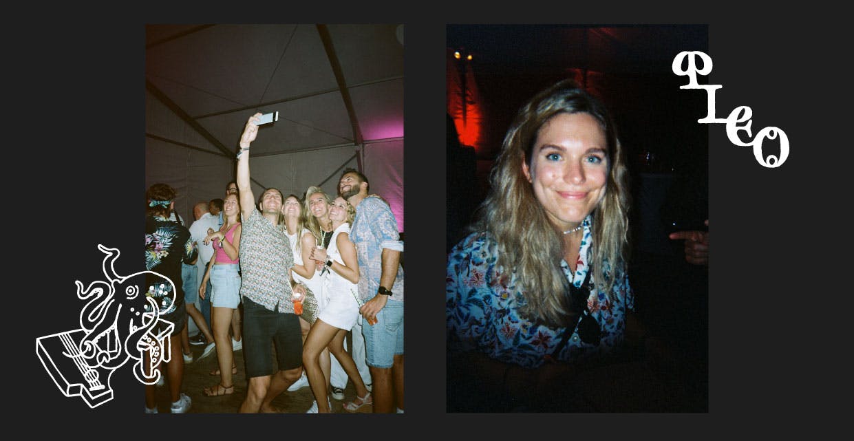 A split image with two photos. One showing a group selfie in a tent the other a solo shot of a long-time Pleo'er