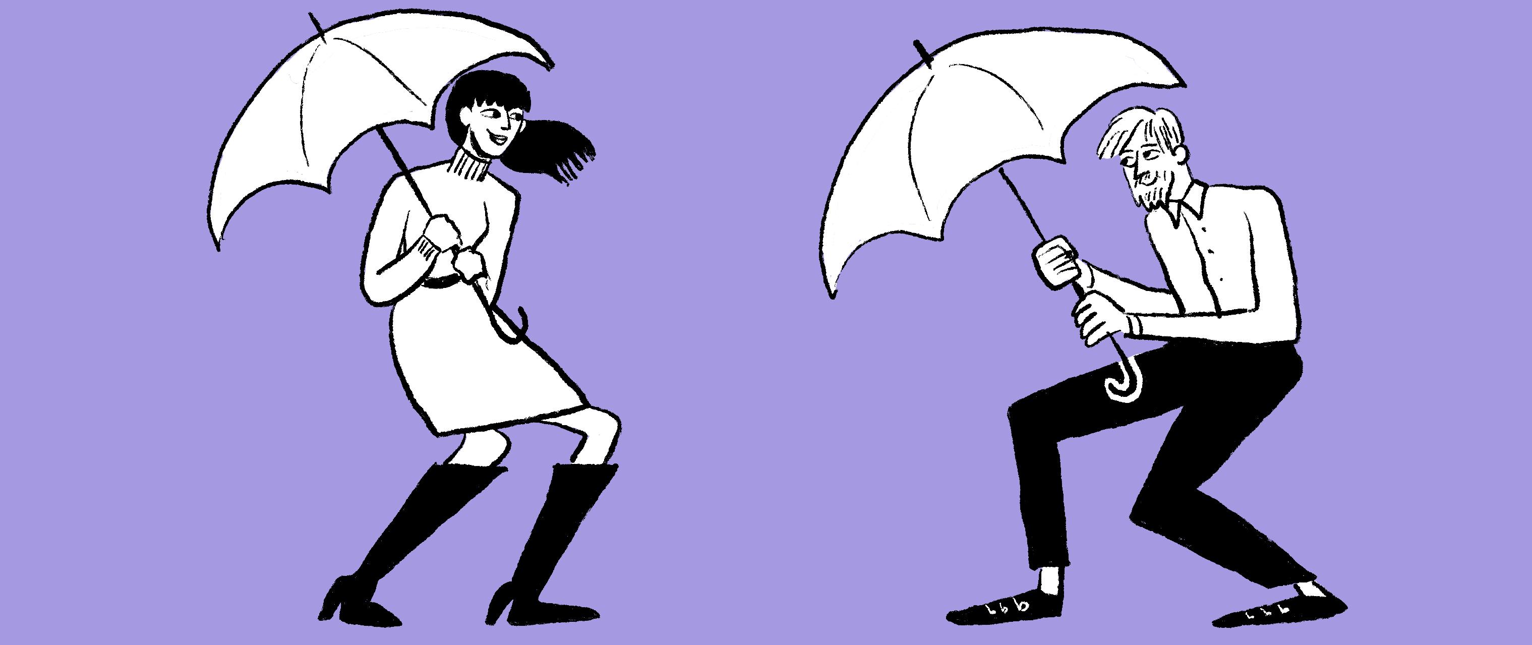 Dos personas bailando con paraguas 