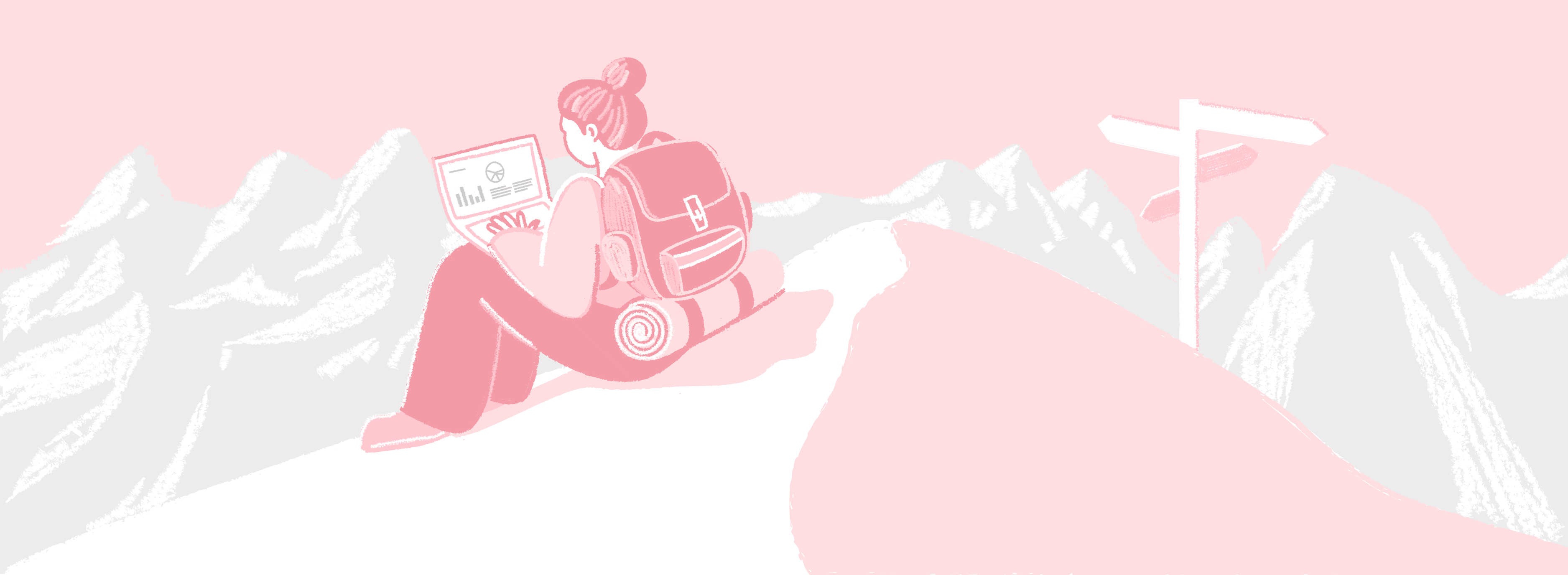 Woman sitting on top of mountain with laptop