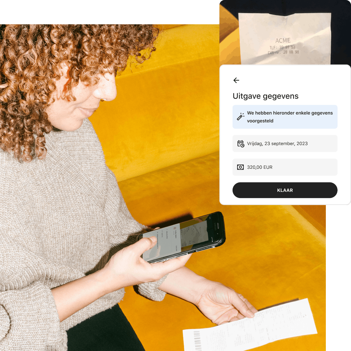 Foto van een persoon die een onkostennota scant met de Pleo-app
