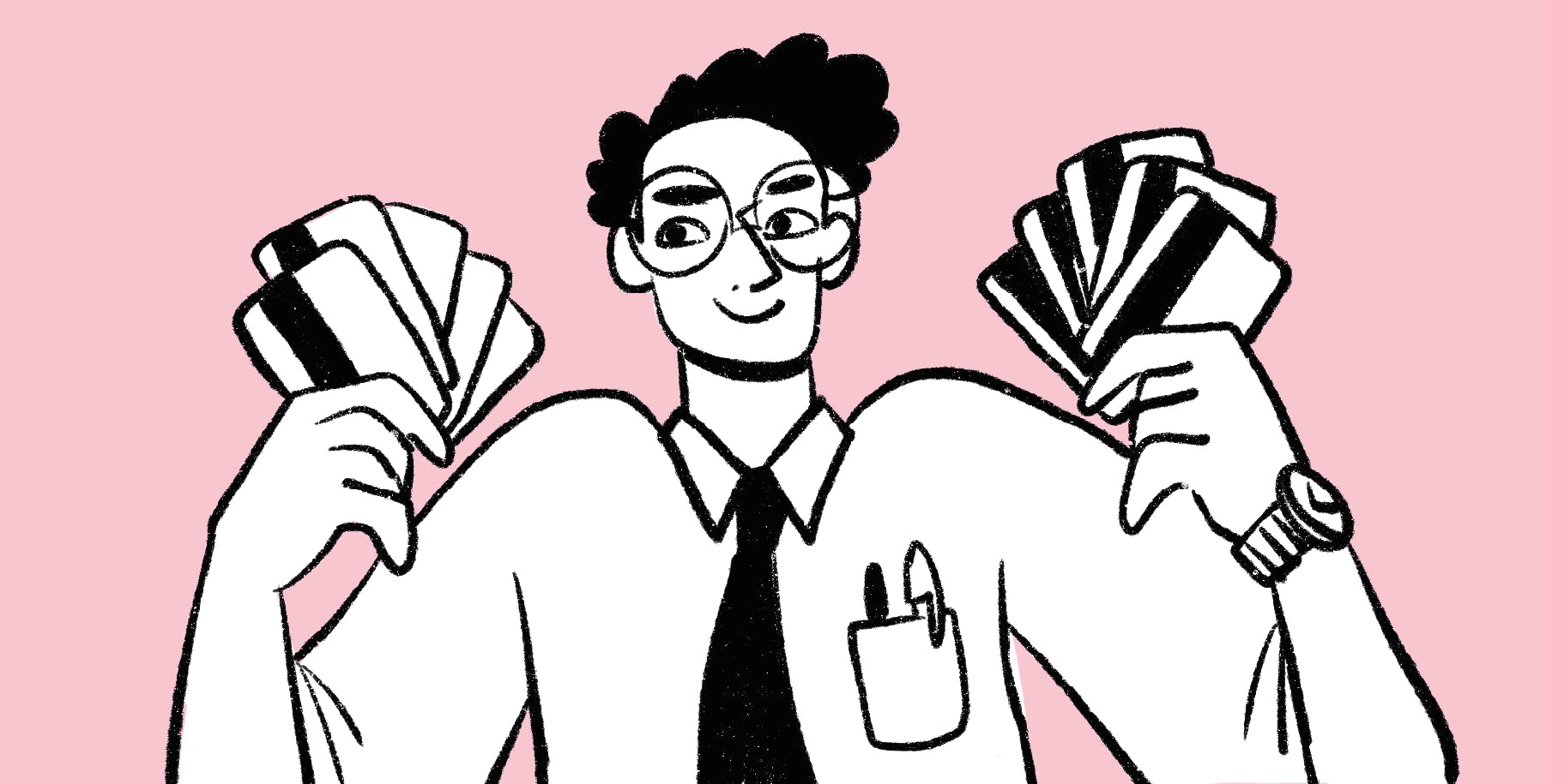 Businessman with many spending cards fanned out like playing cards